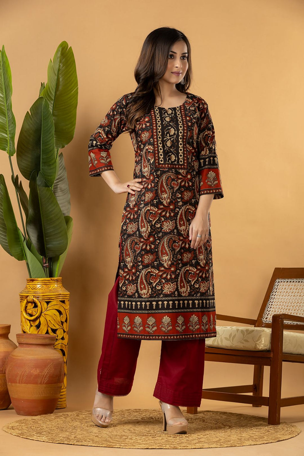 Black & Red Paisley Print Kurta