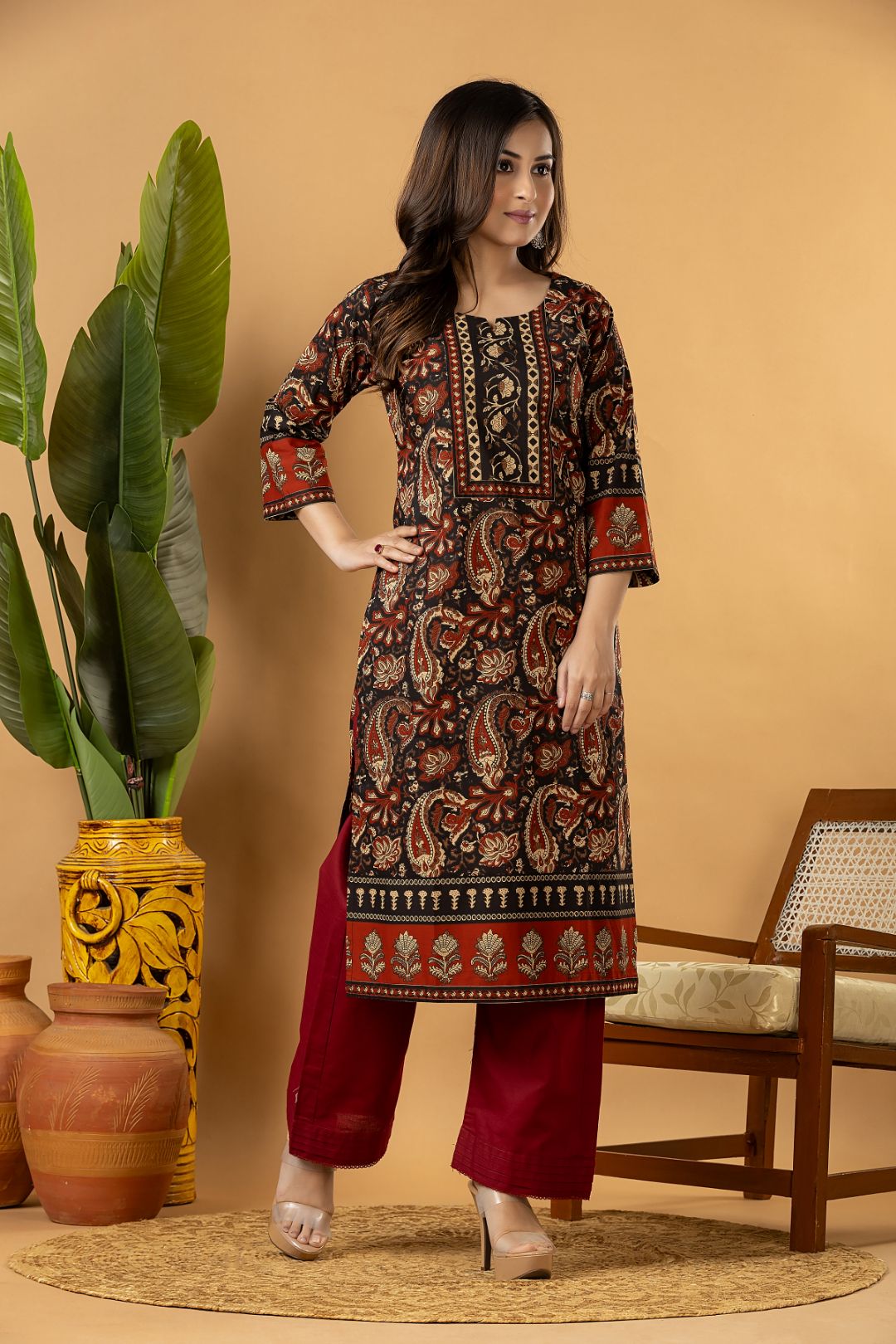 Black & Red Paisley Print Kurta
