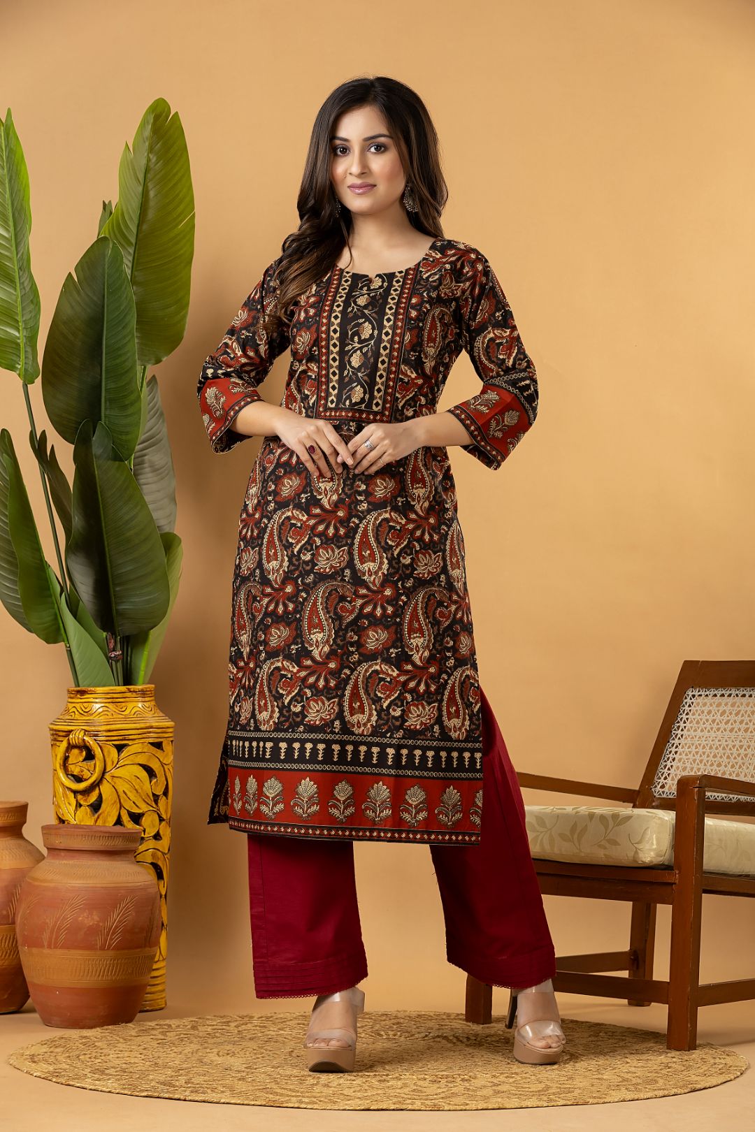 Black & Red Paisley Print Kurta