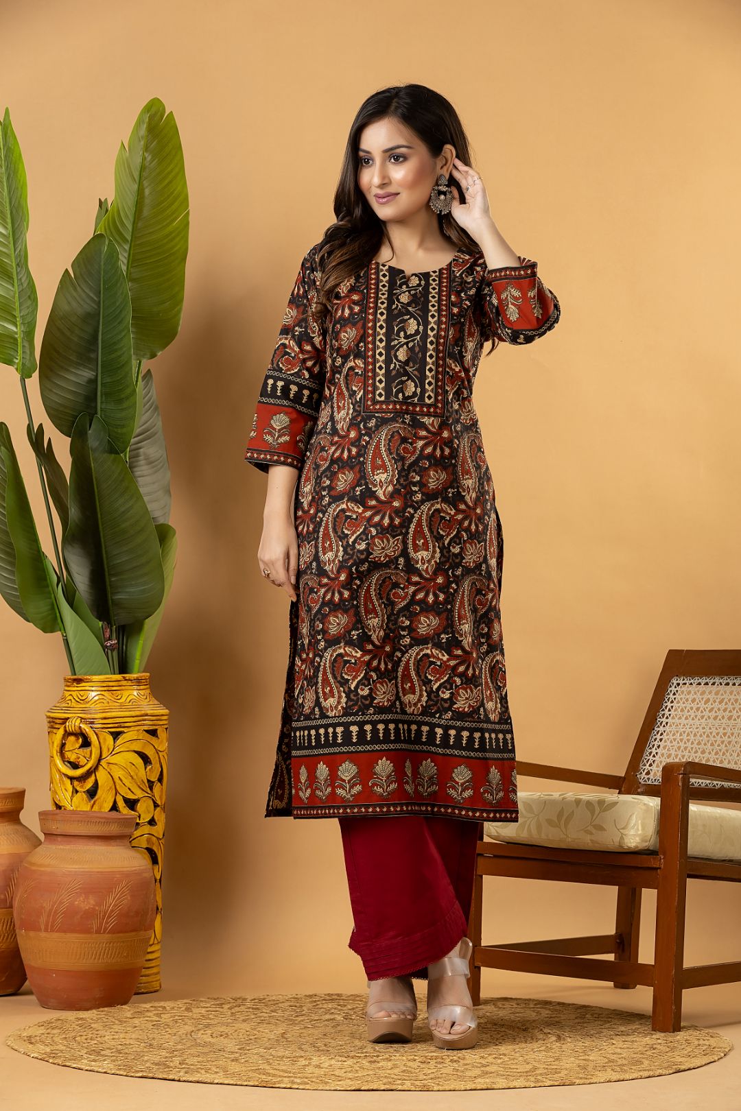 Black & Red Paisley Print Kurta