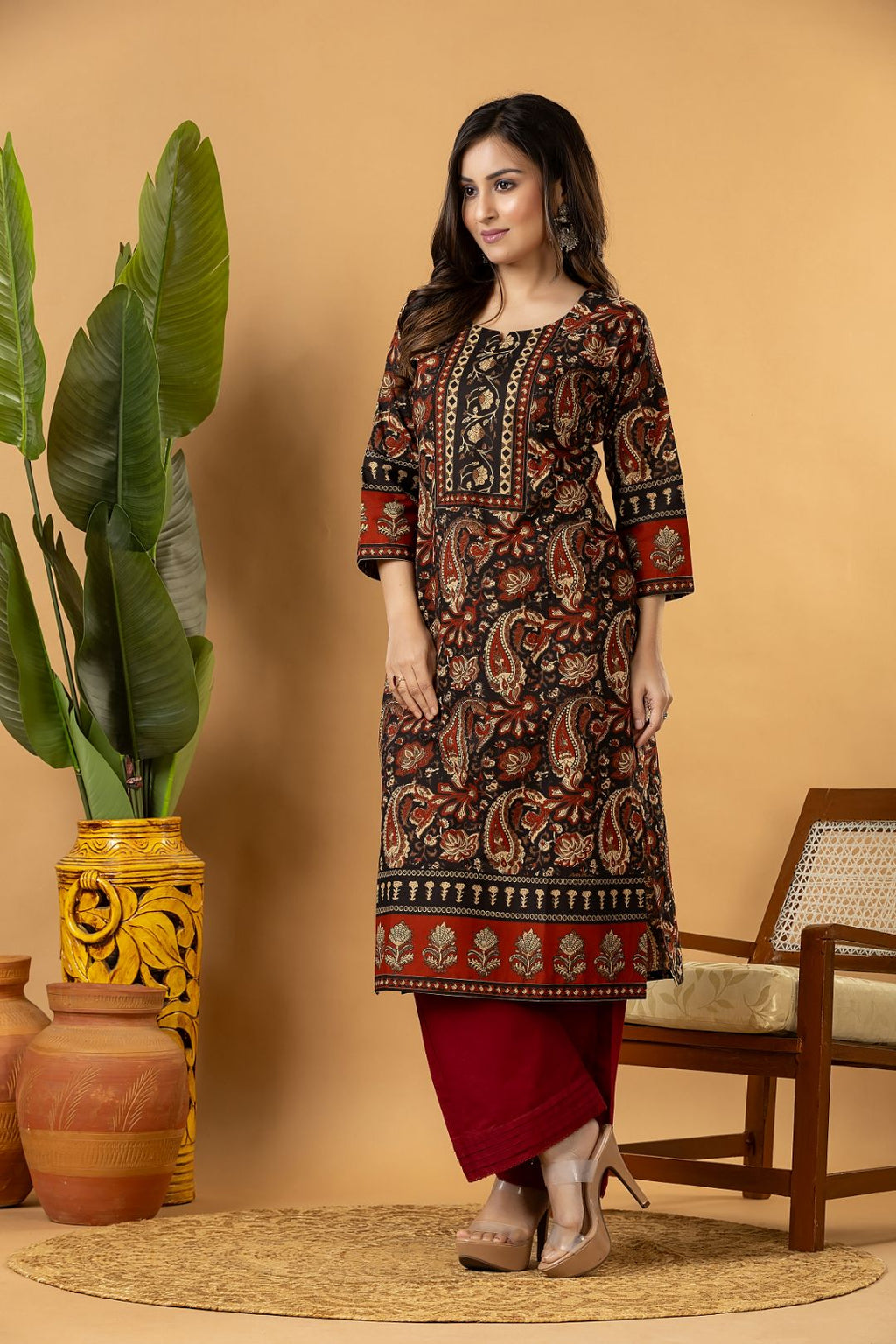 Black & Red Paisley Print Kurta