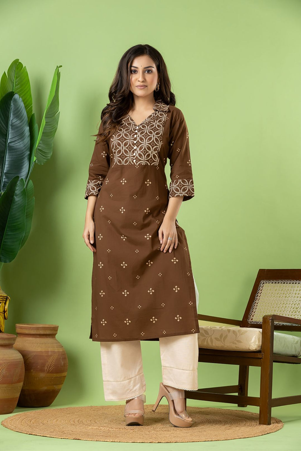 Grey Brown Bandhani Print Kurta
