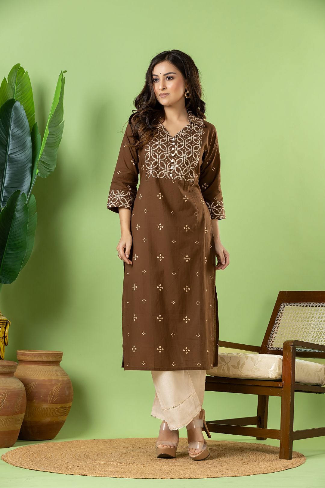Grey Brown Bandhani Print Kurta