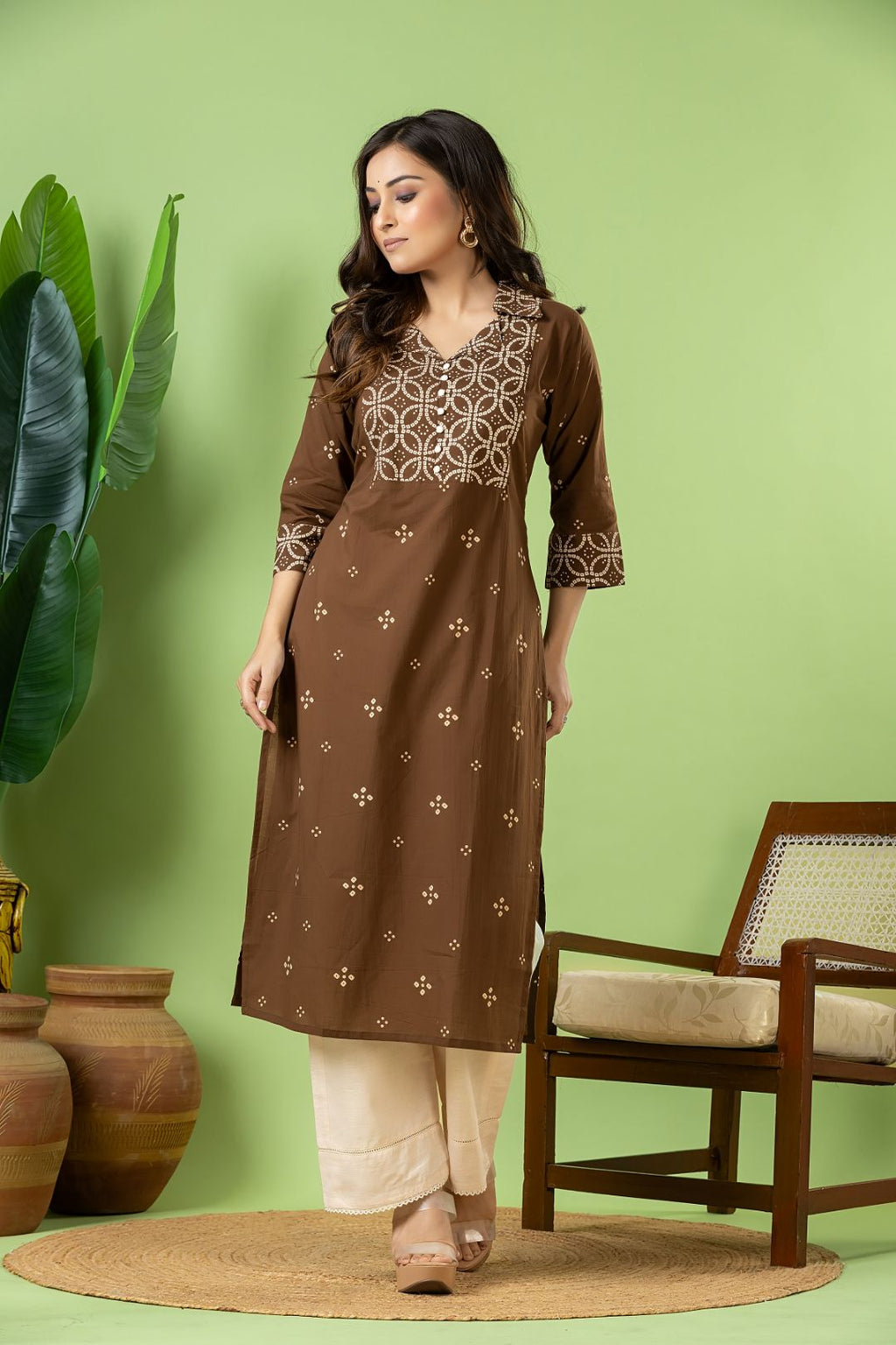 Grey Brown Bandhani Print Kurta