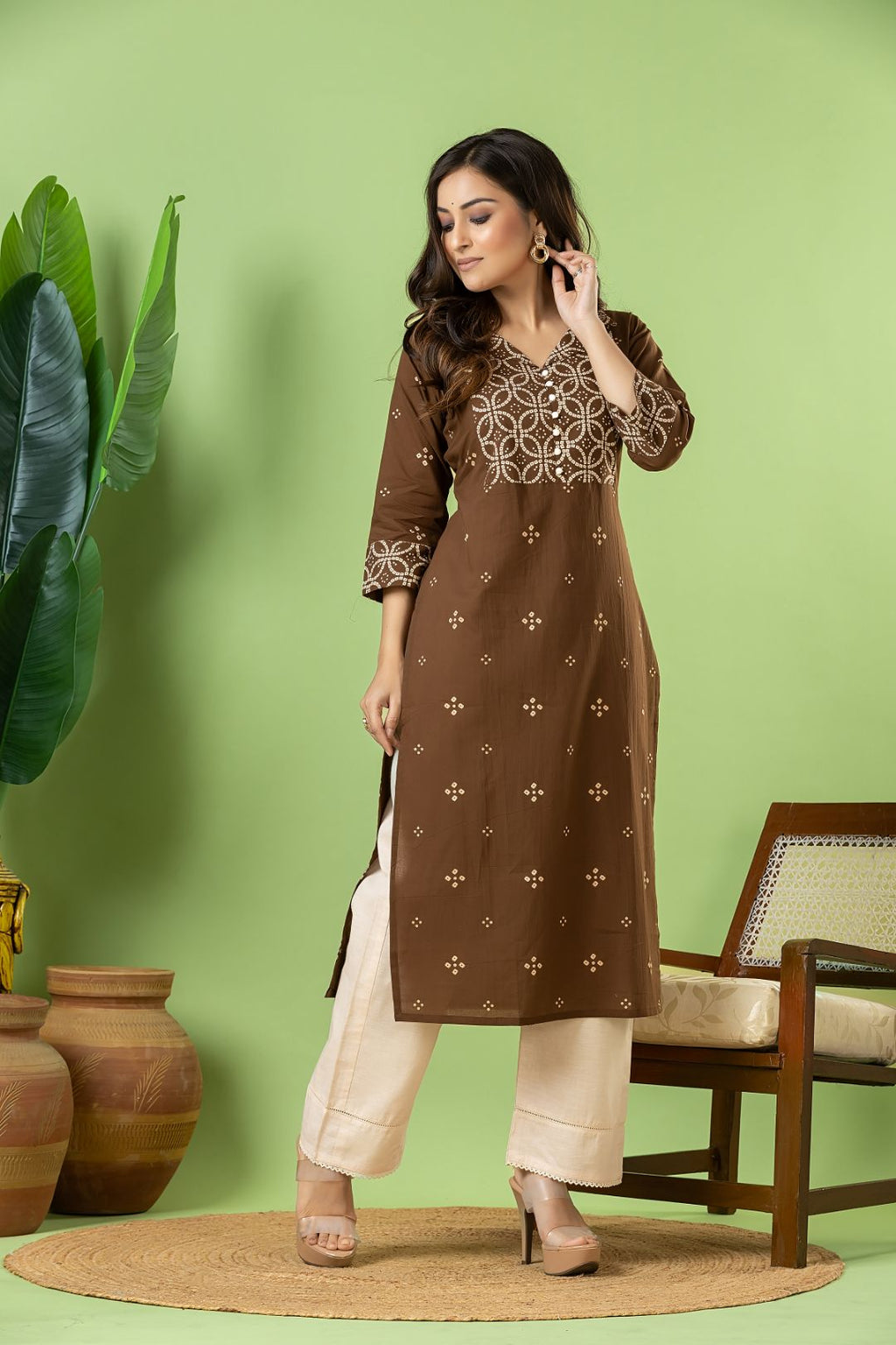 Grey Brown Bandhani Print Kurta