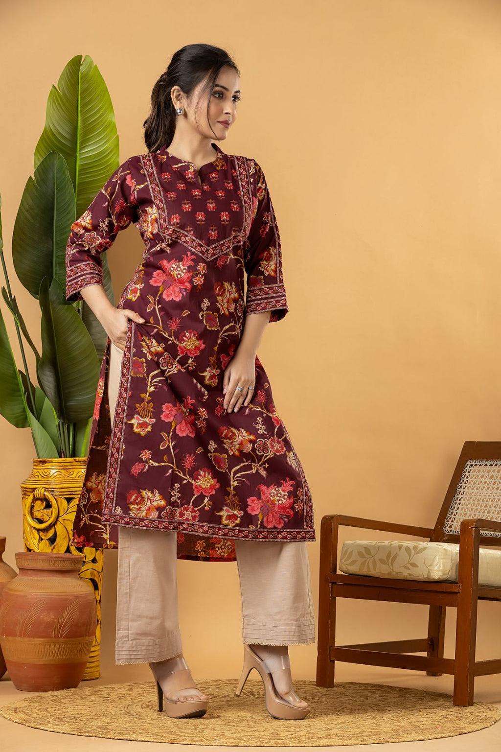 Red Purple Floral Print Kurta