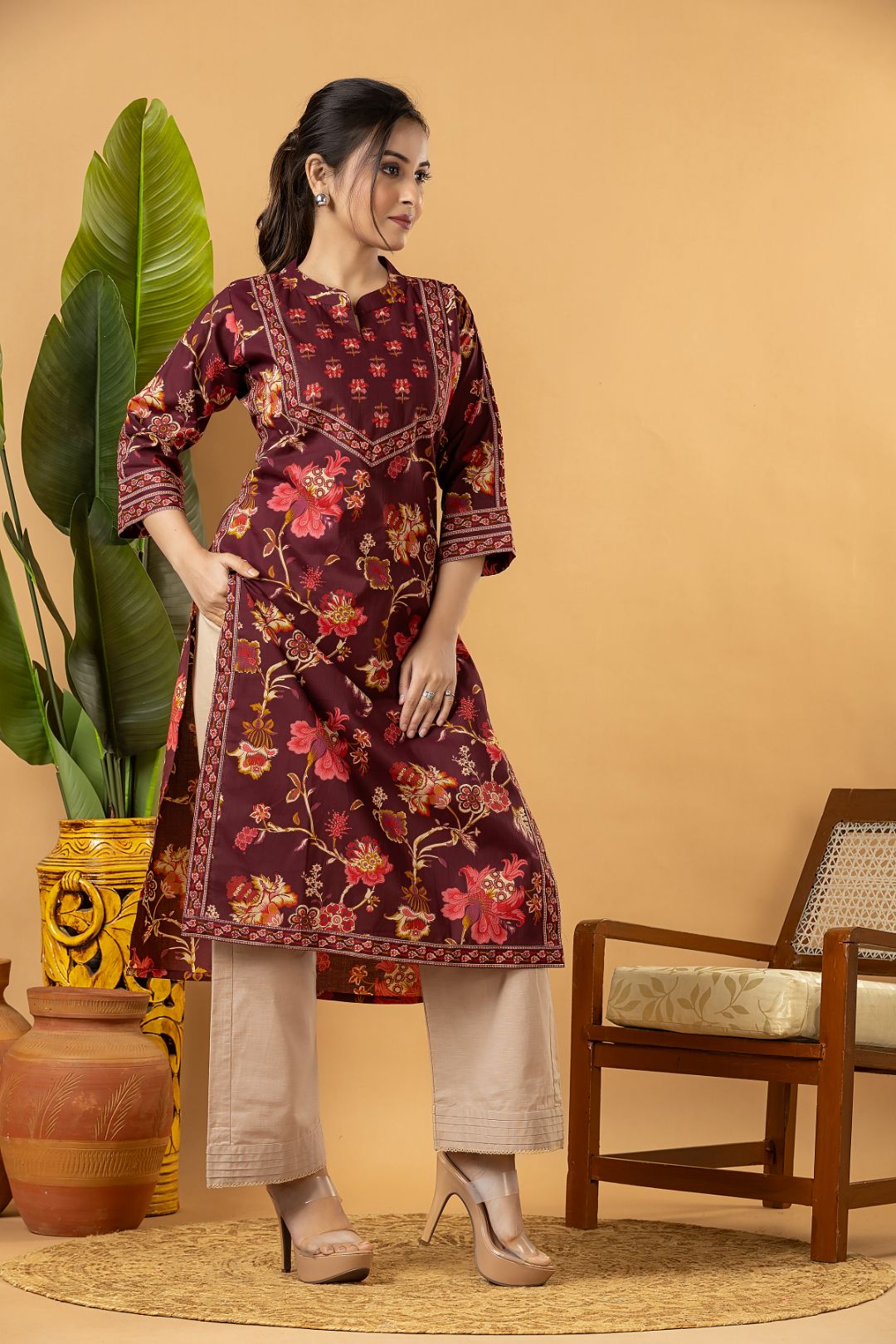 Red Purple Floral Print Kurta