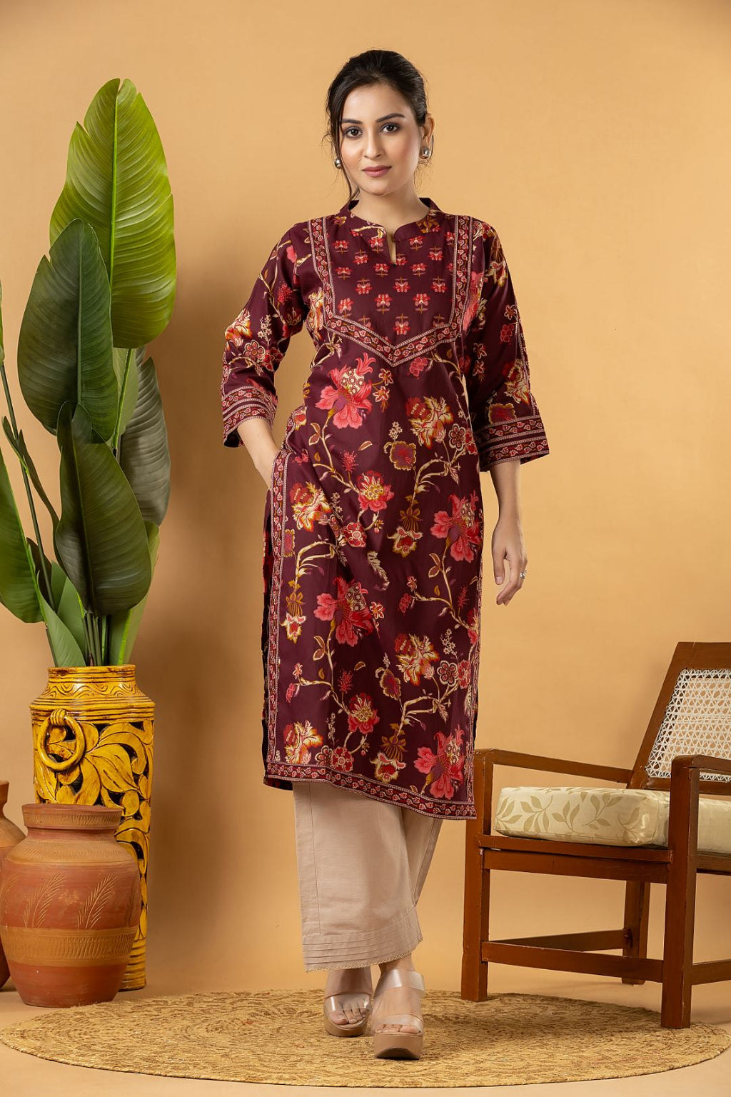 Red Purple Floral Print Kurta