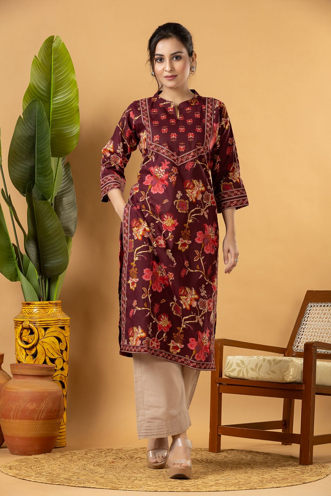 Red Purple Floral Print Kurta