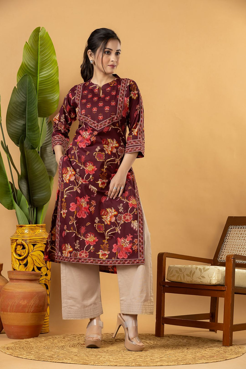 Red Purple Floral Print Kurta