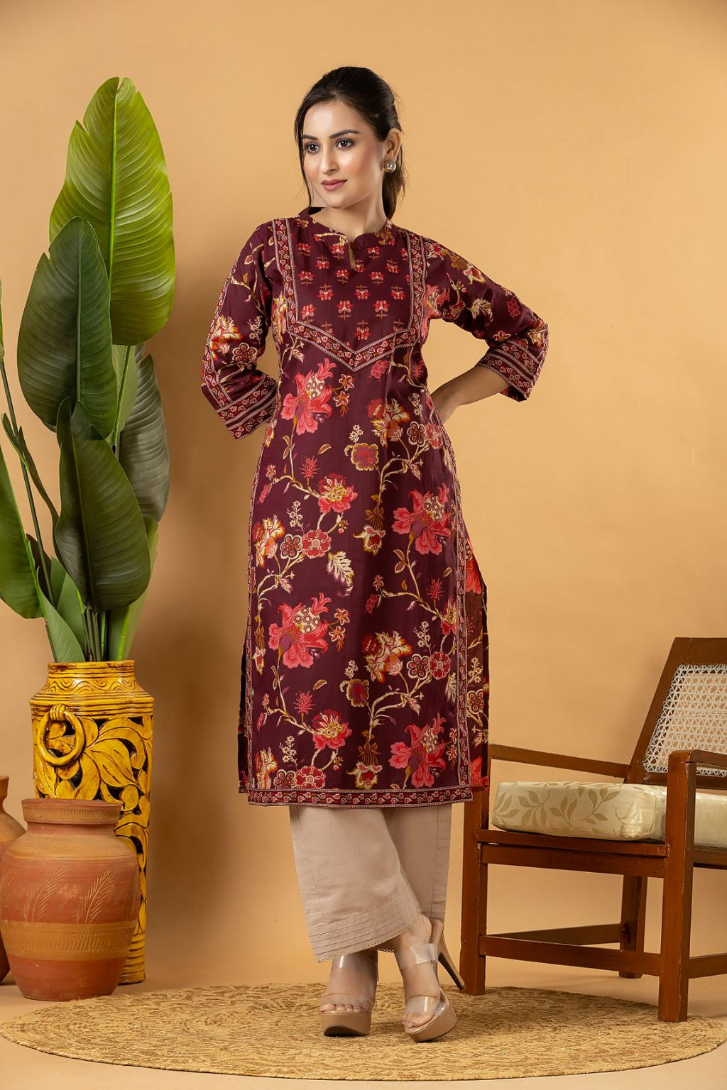 Red Purple Floral Print Kurta