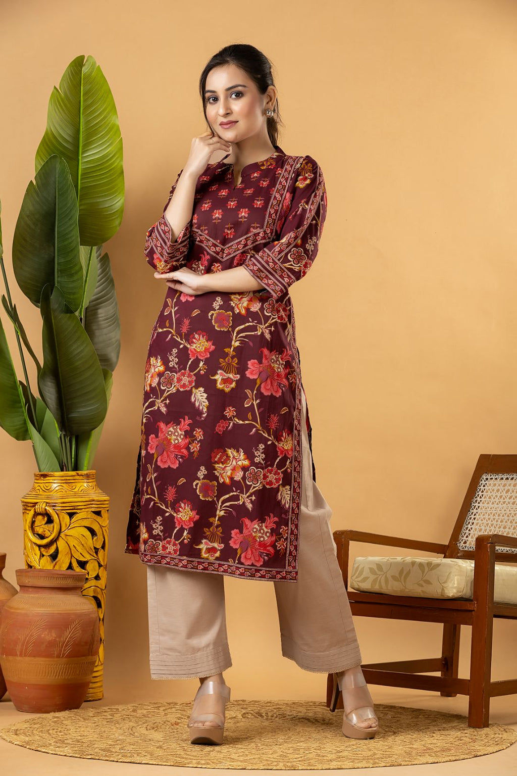 Red Purple Floral Print Kurta