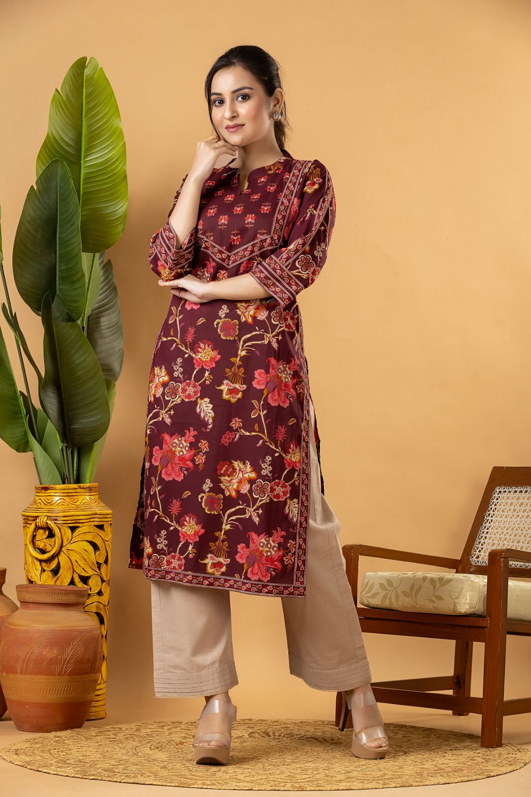 Red Purple Floral Print Kurta