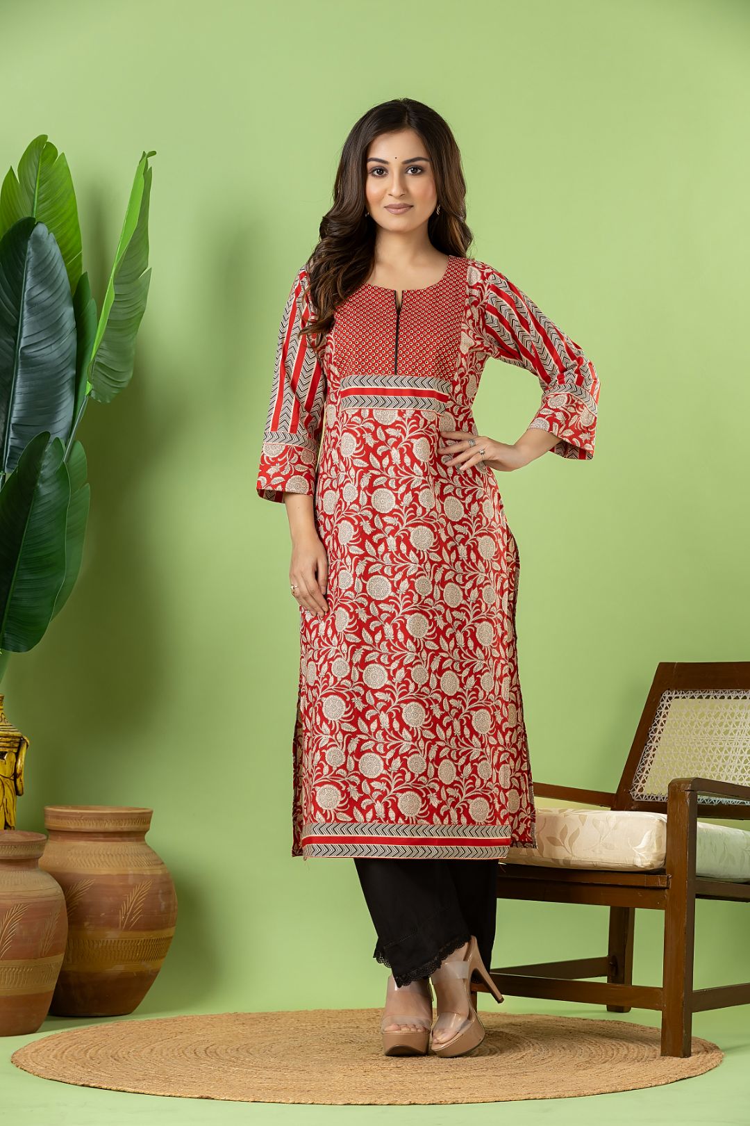 Red Floral Print Kurta