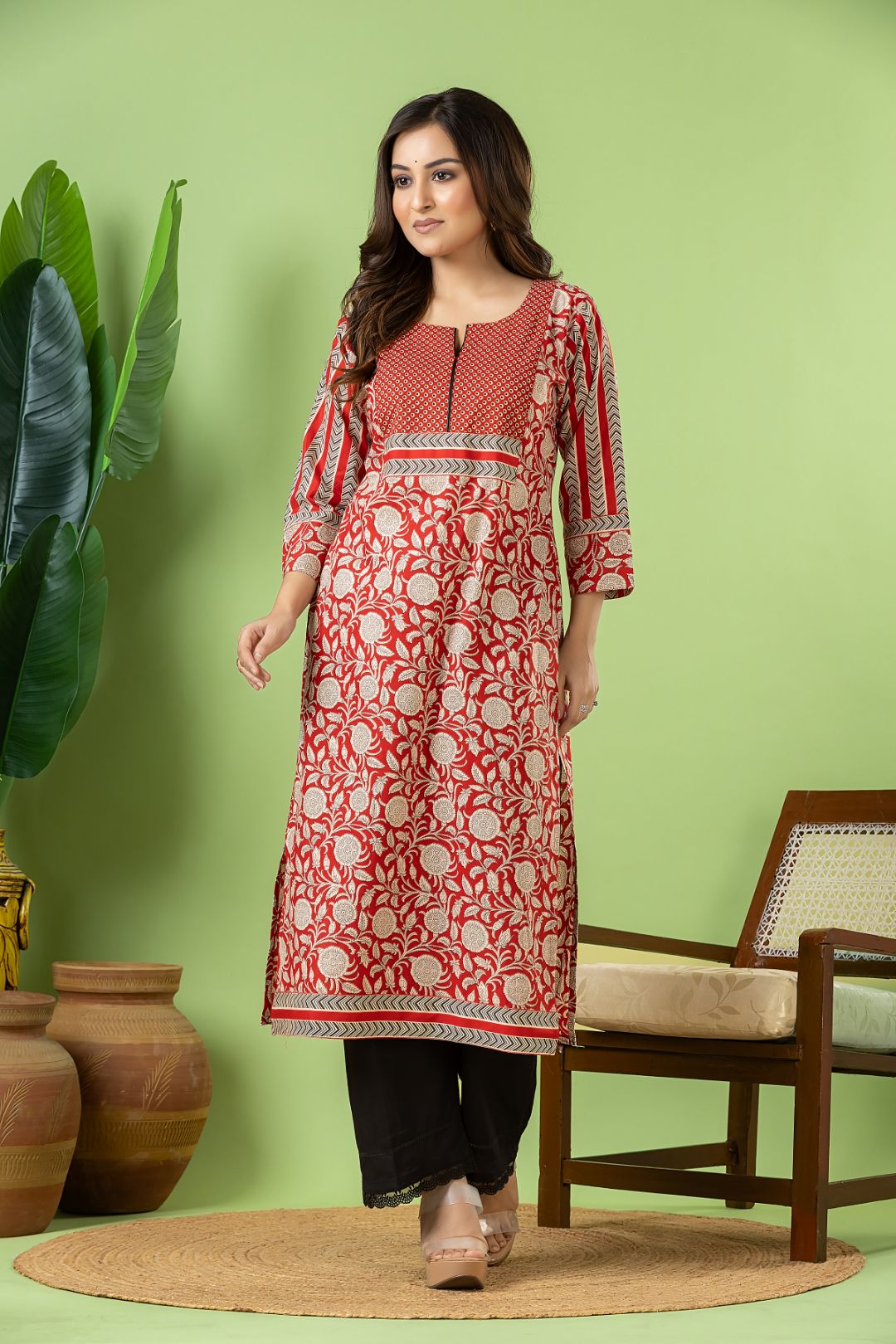Red Floral Print Kurta