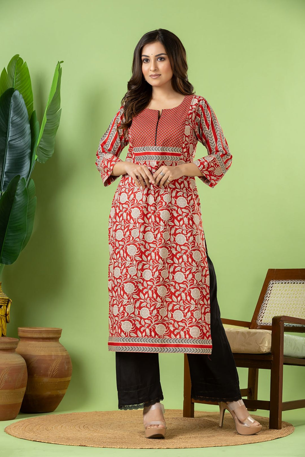Red Floral Print Kurta