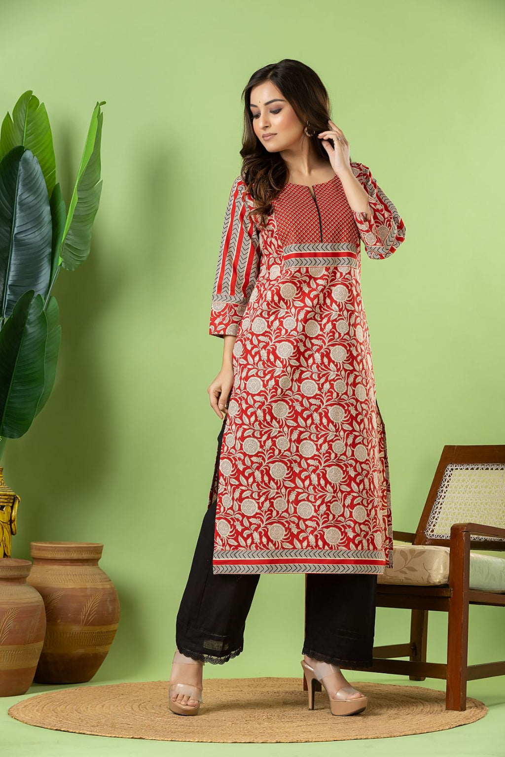 Red Floral Print Kurta