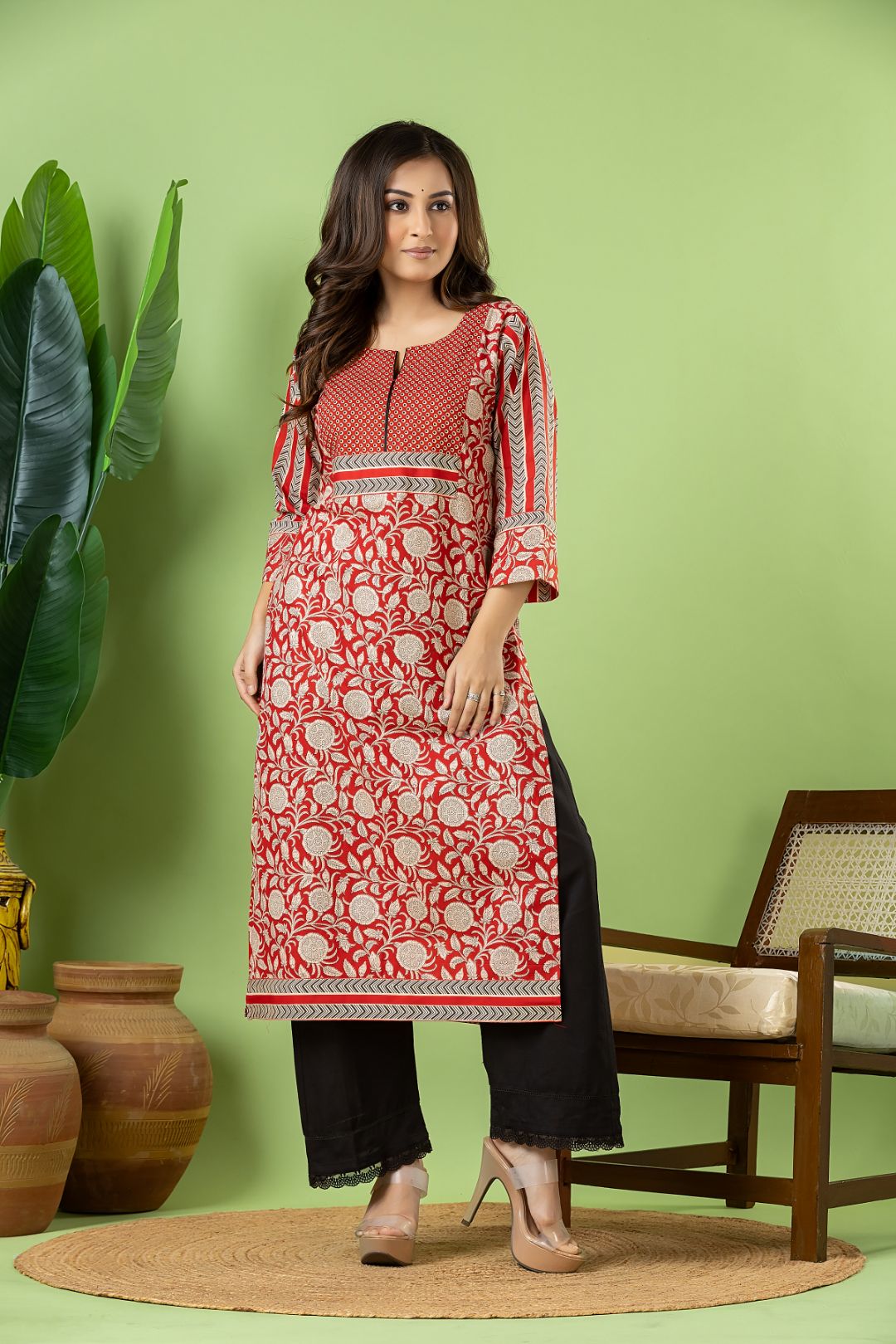 Red Floral Print Kurta