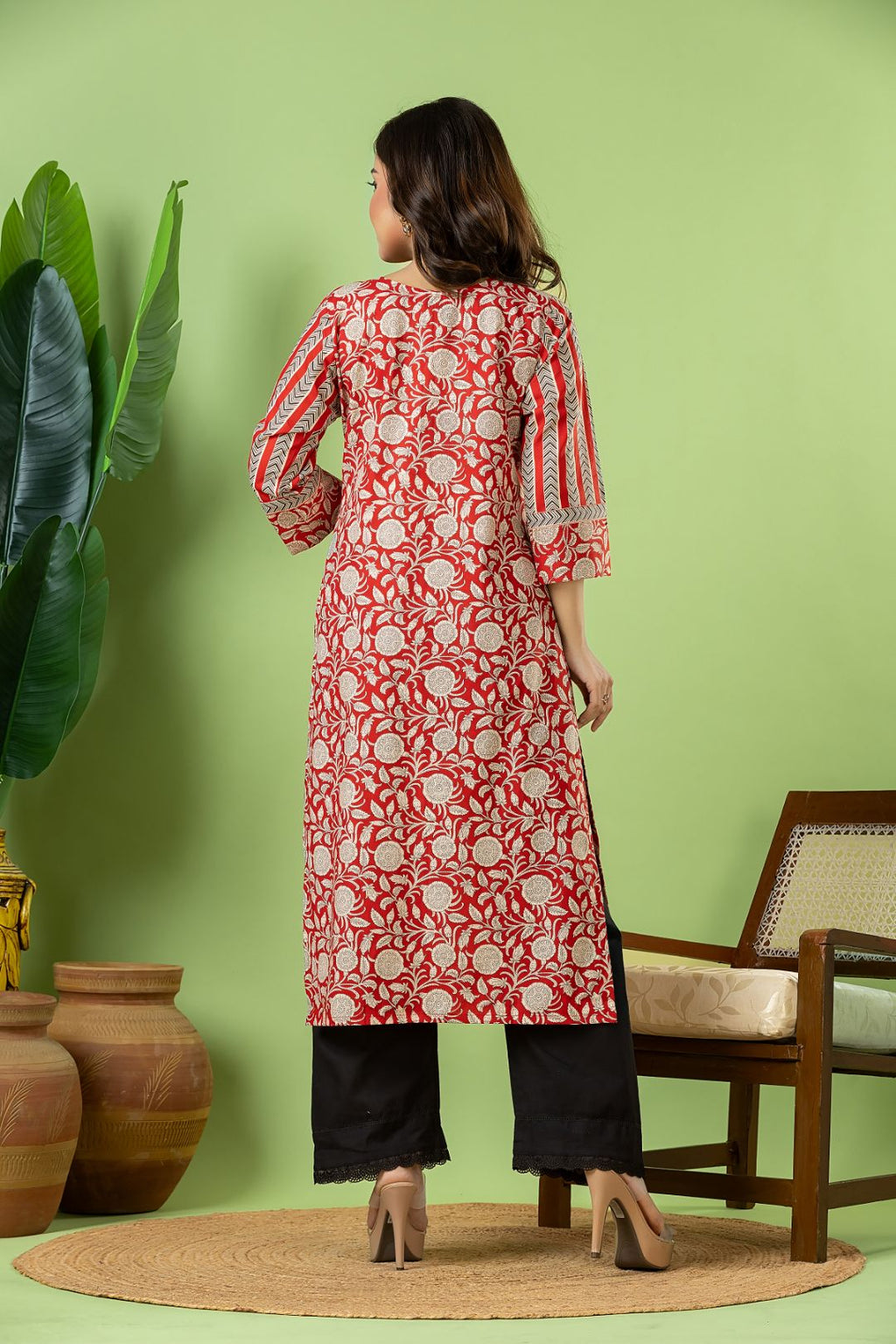 Red Floral Print Kurta