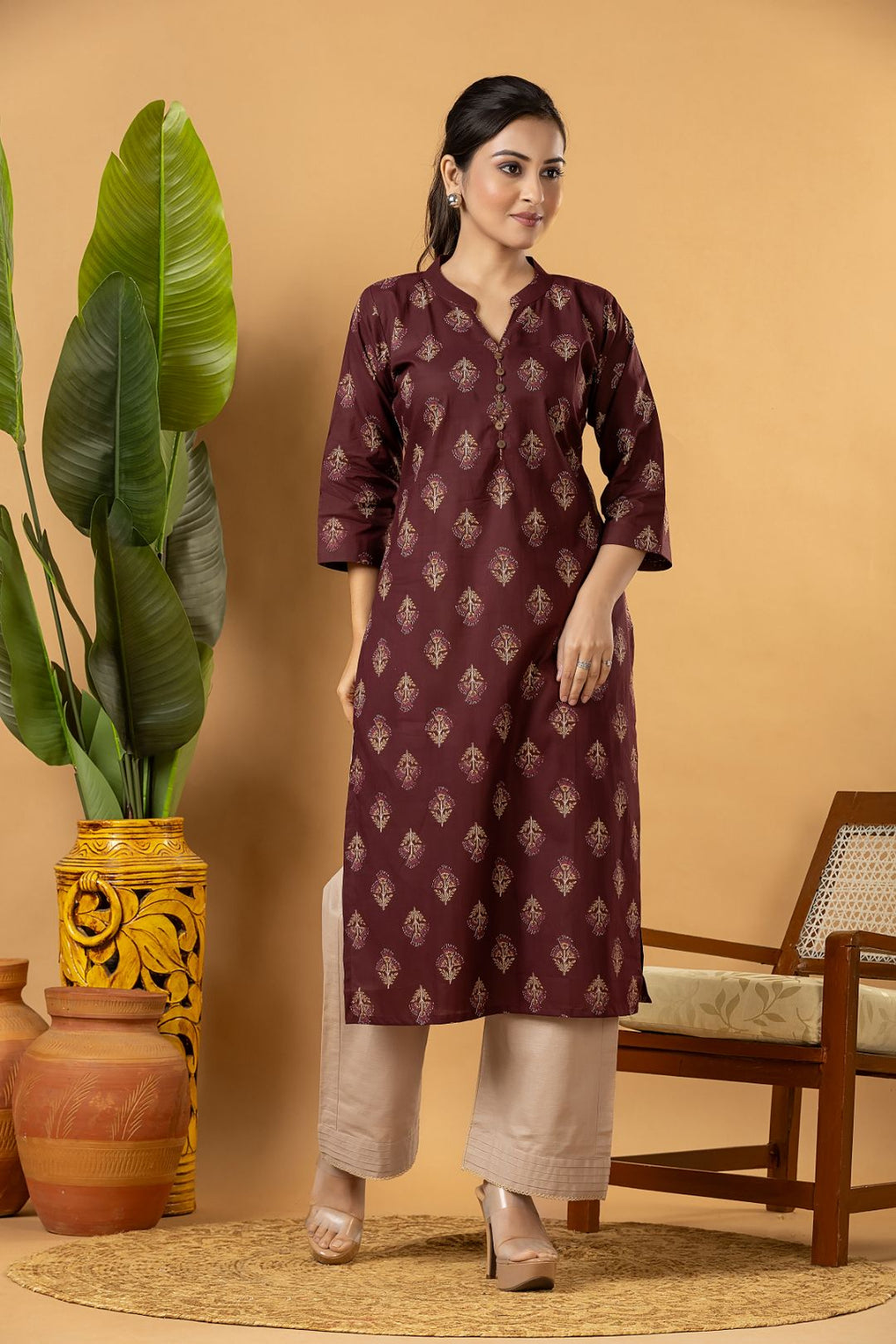 Burgundy Floral Print Kurta