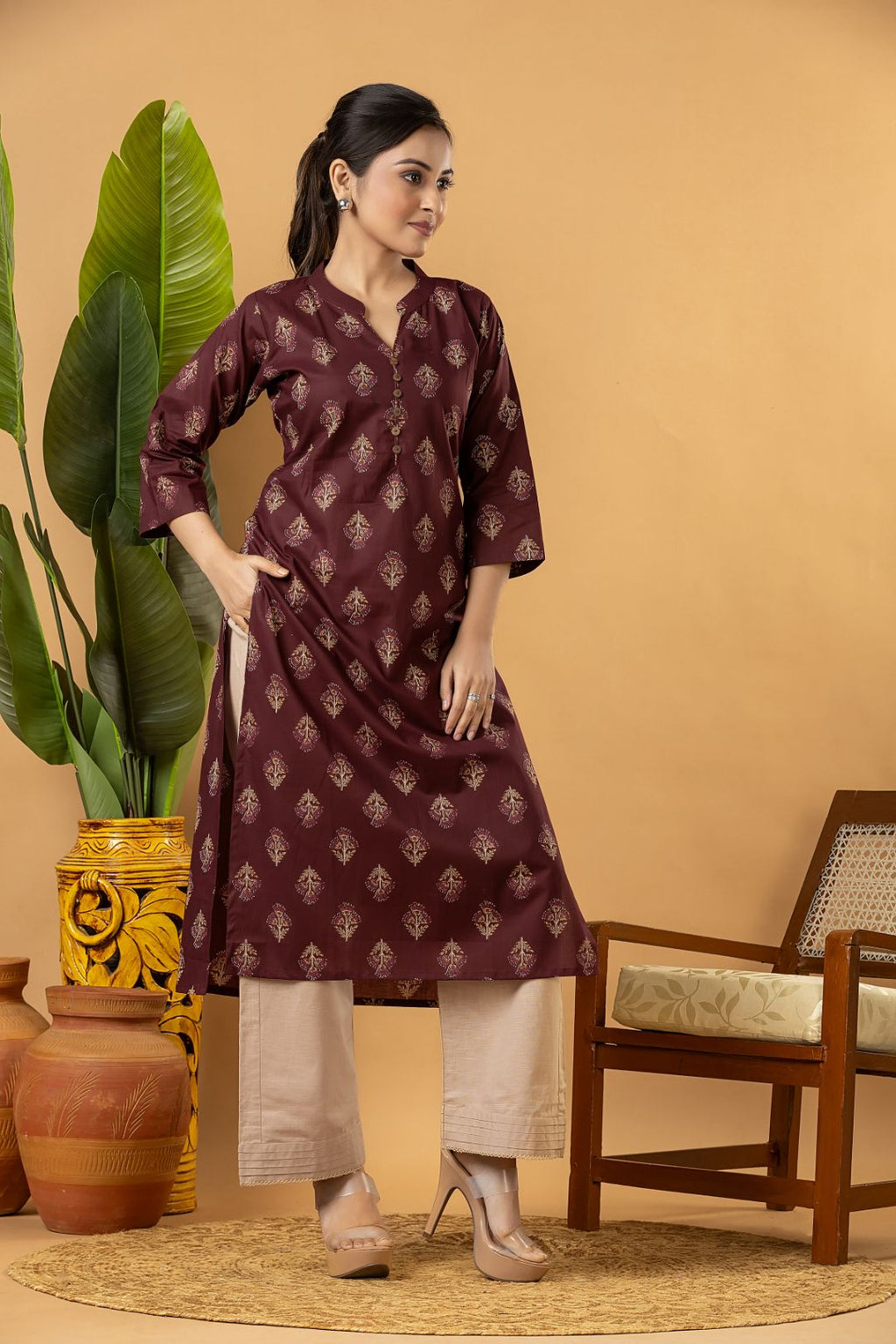Burgundy Floral Print Kurta