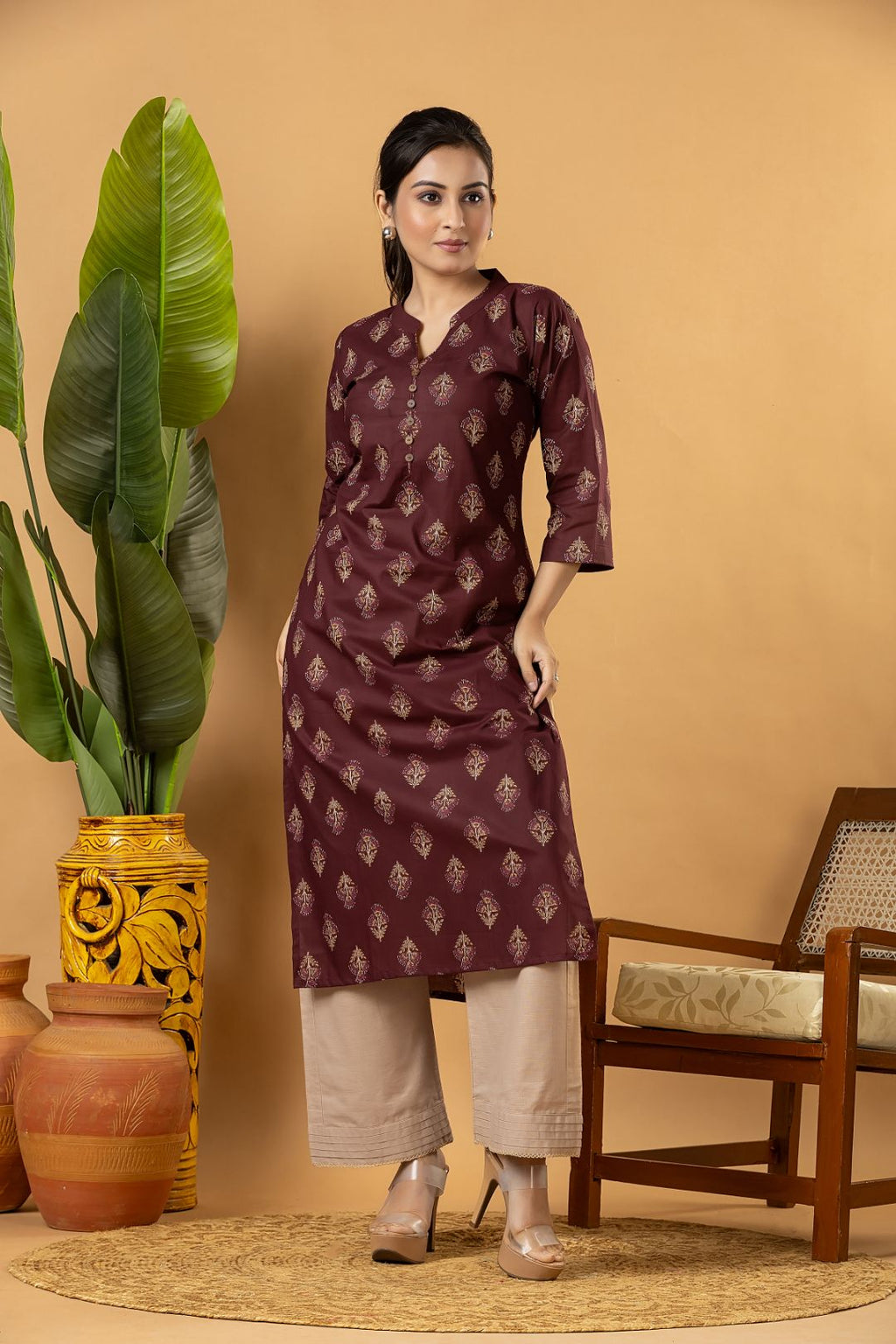 Burgundy Floral Print Kurta