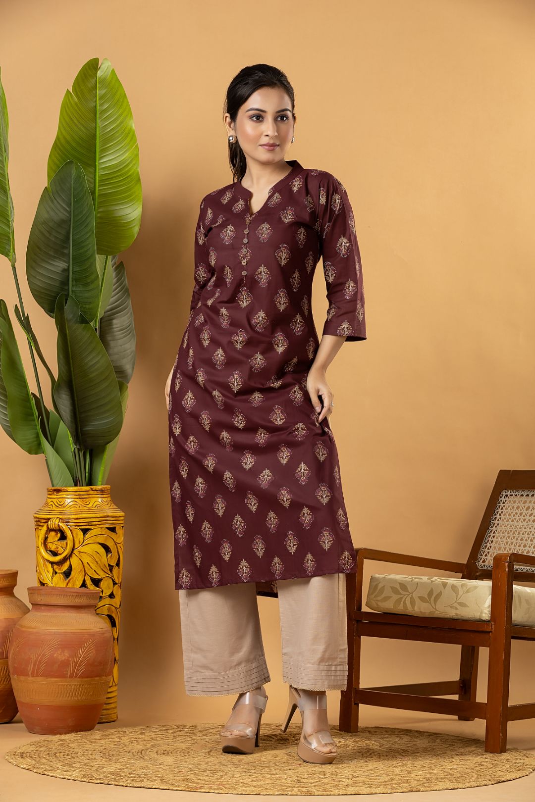 Burgundy Floral Print Kurta