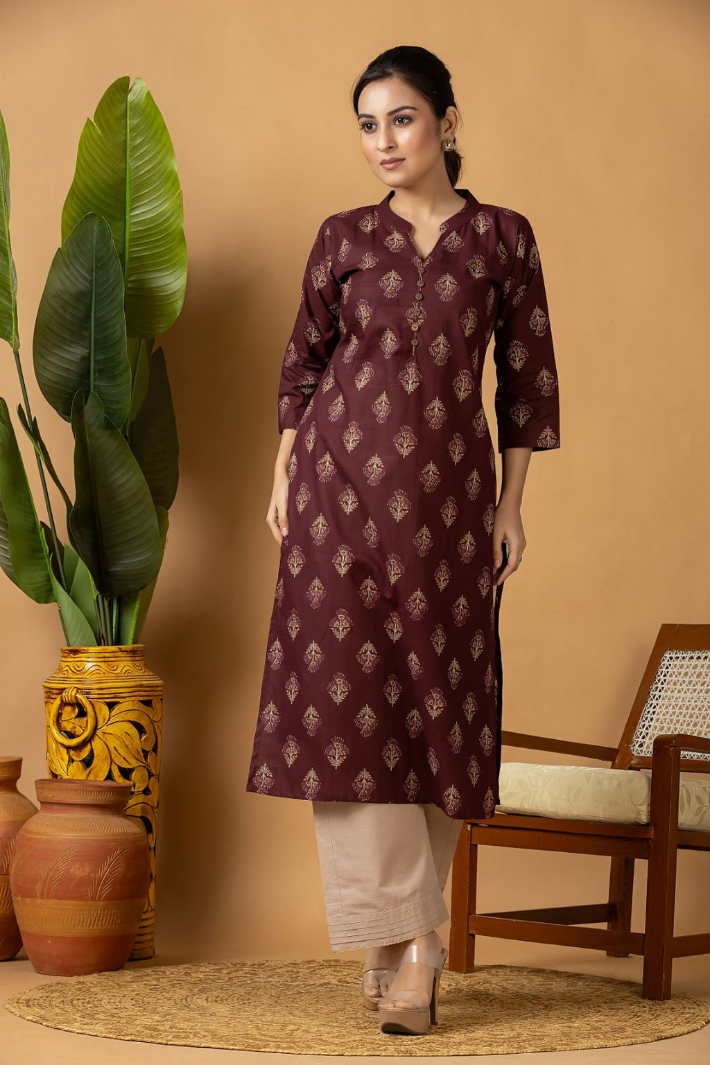 Burgundy Floral Print Kurta