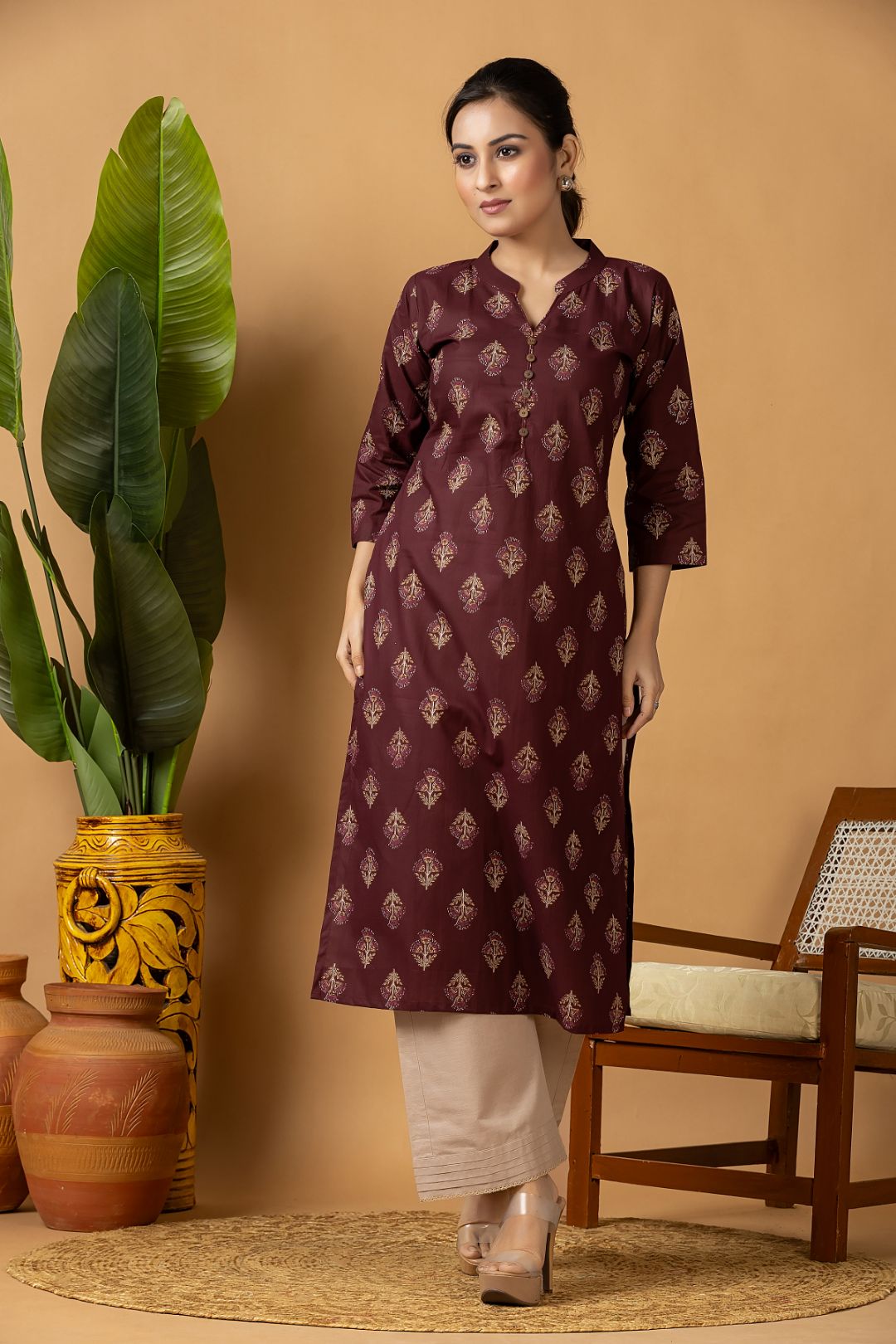 Burgundy Floral Print Kurta