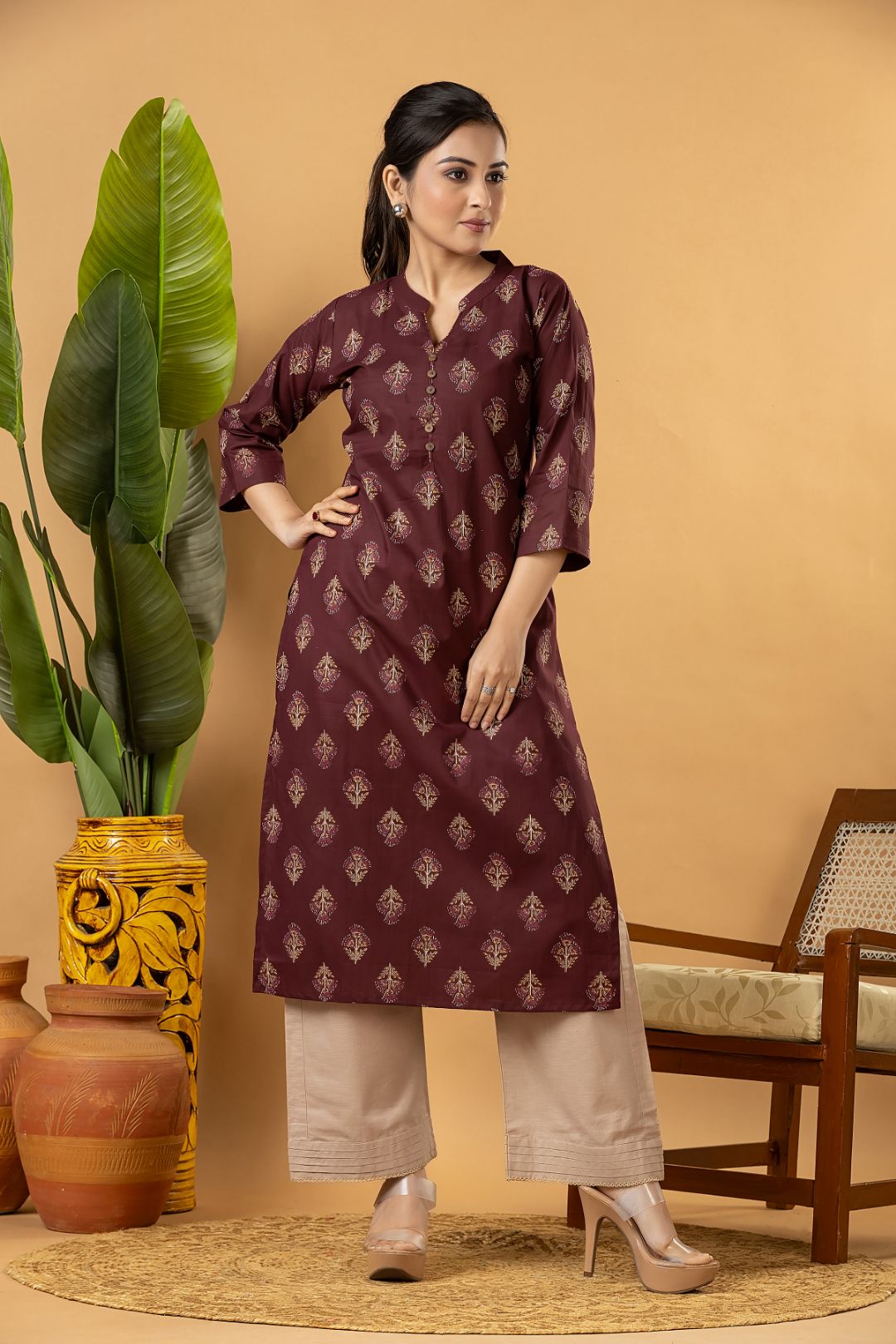 Burgundy Floral Print Kurta