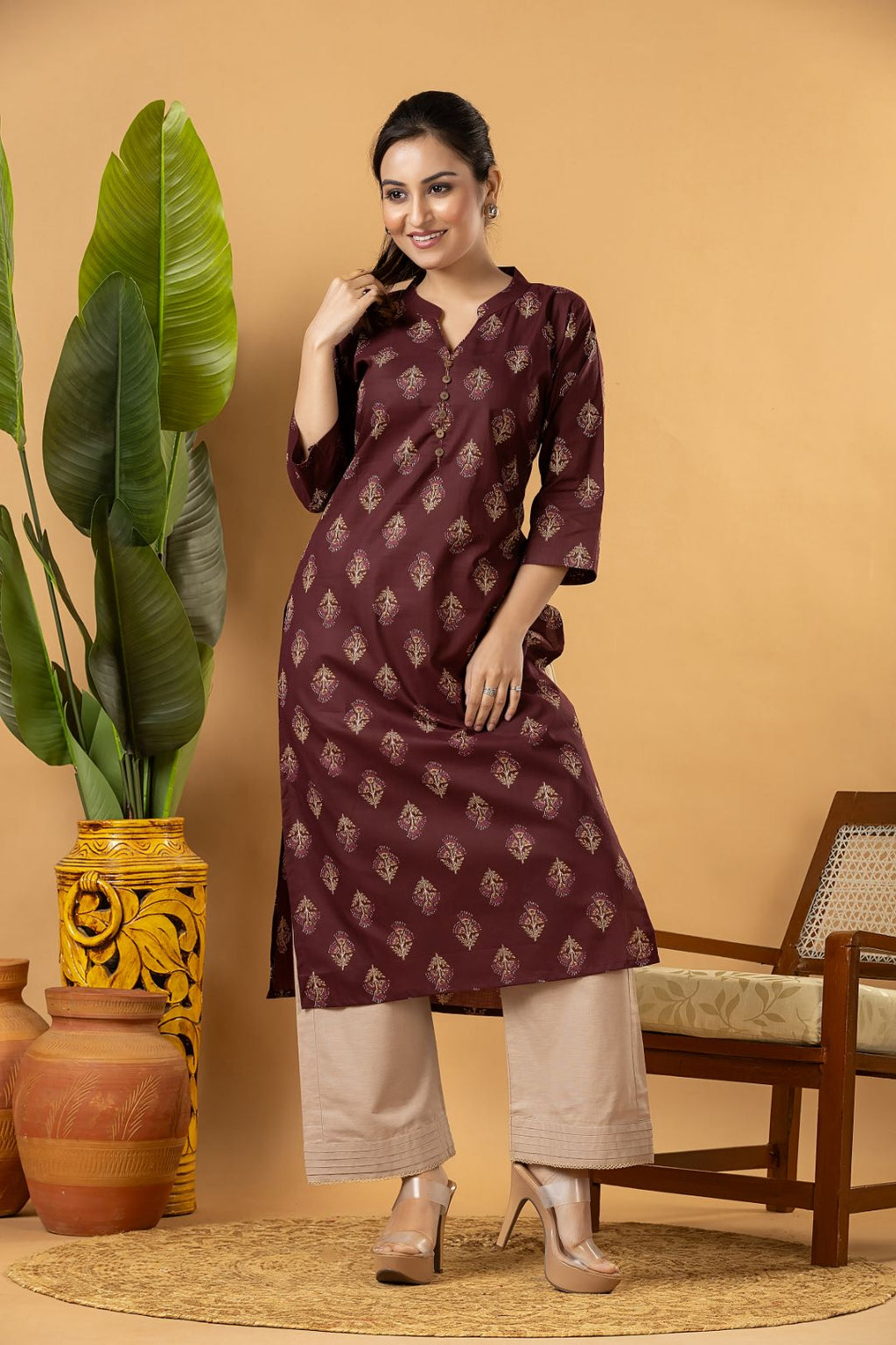 Burgundy Floral Print Kurta