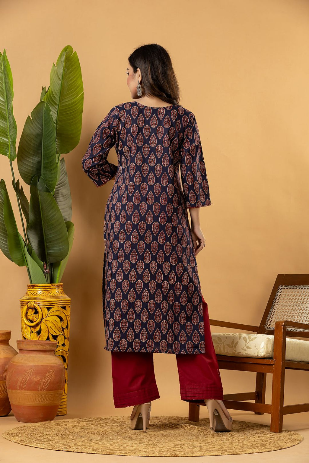 Navy Blue Leaf Print Kurta