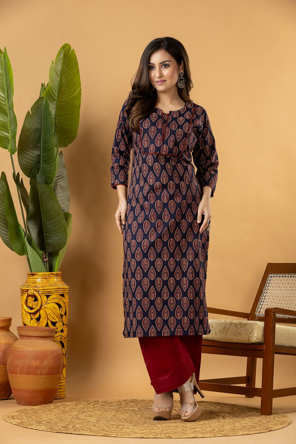 Navy Blue Leaf Print Kurta