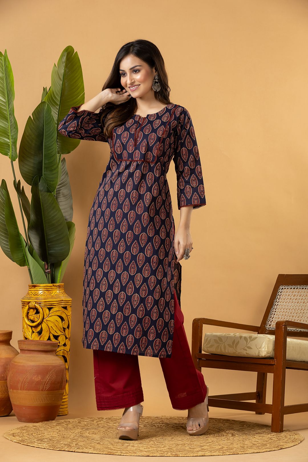 Navy Blue Leaf Print Kurta