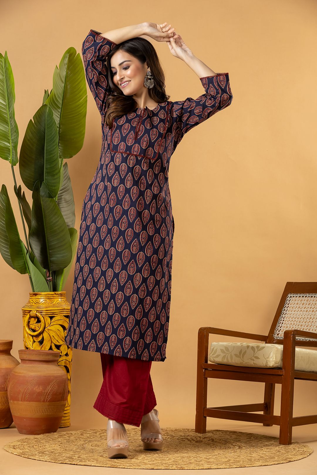 Navy Blue Leaf Print Kurta