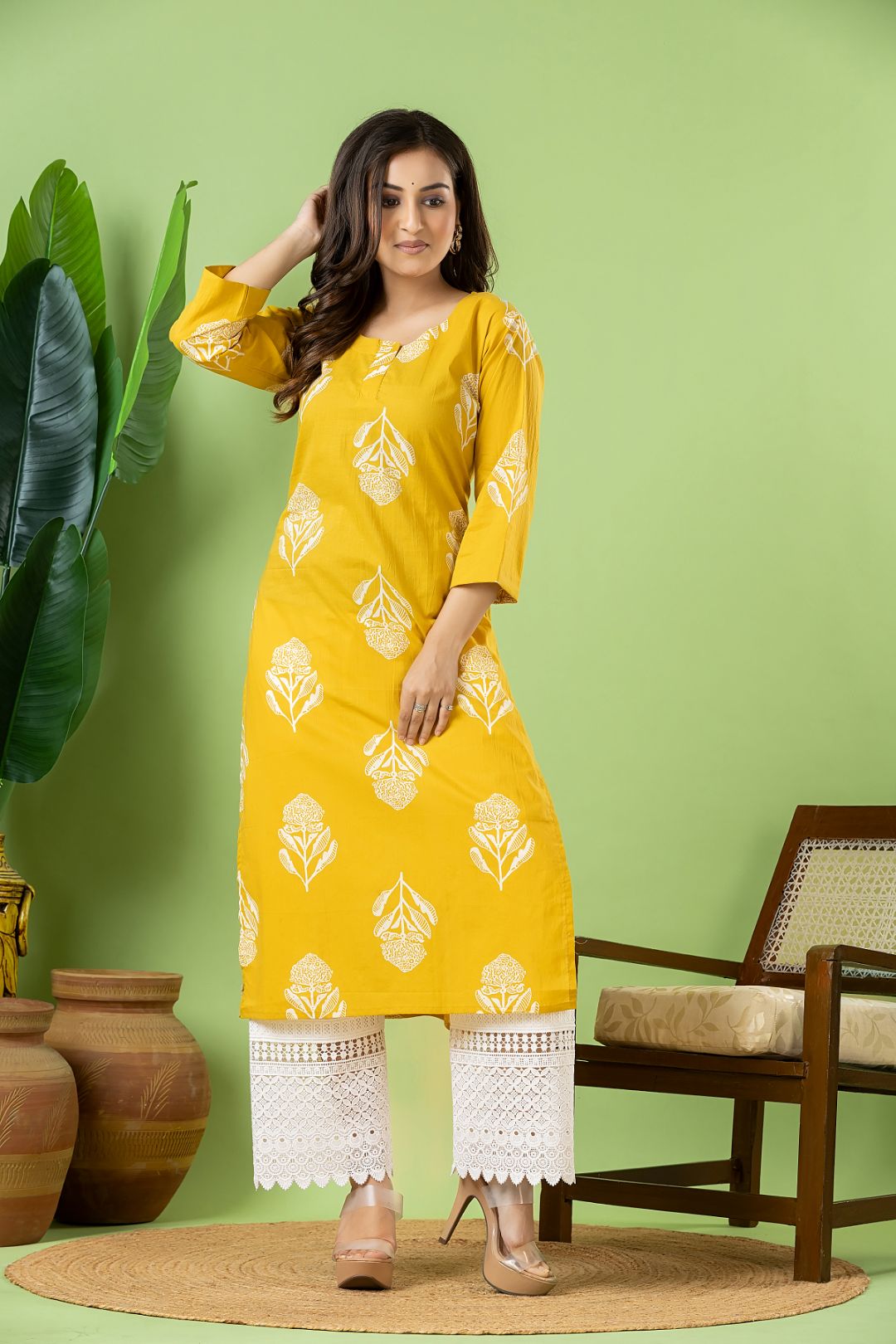 Yellow Floral Print Kurta