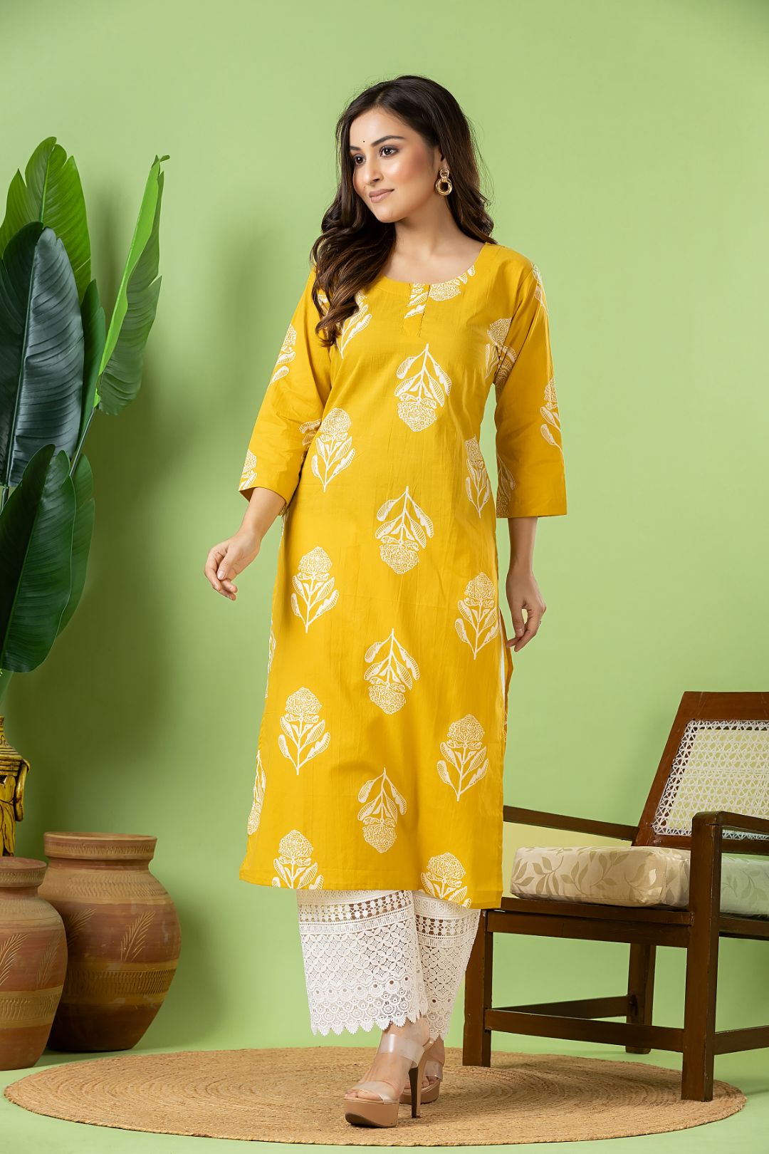 Yellow Floral Print Kurta