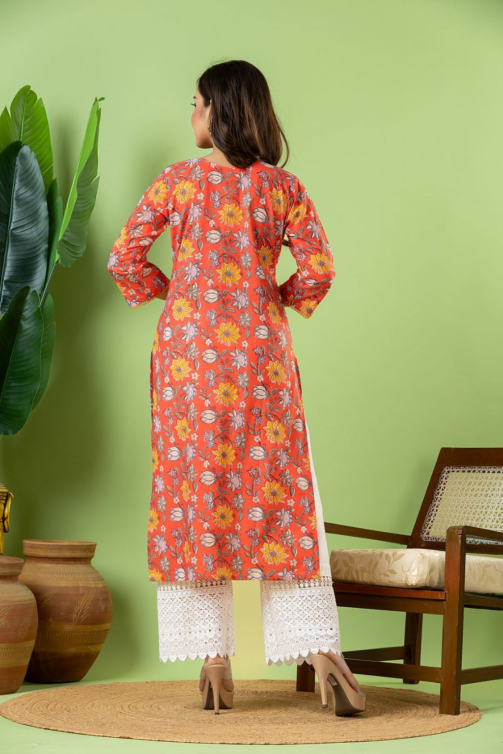 Reddish Orange Floral Print kurta
