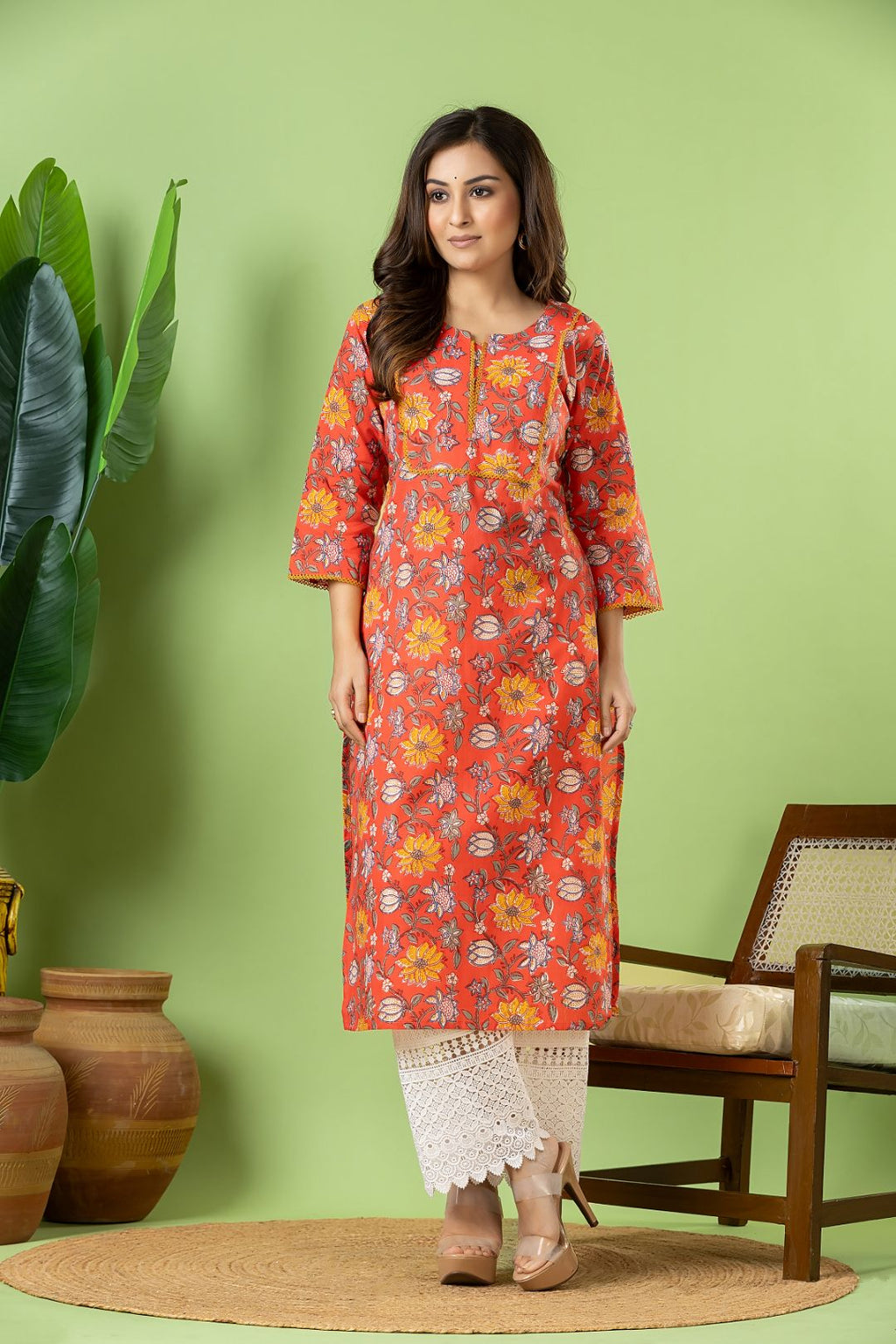 Reddish Orange Floral Print kurta