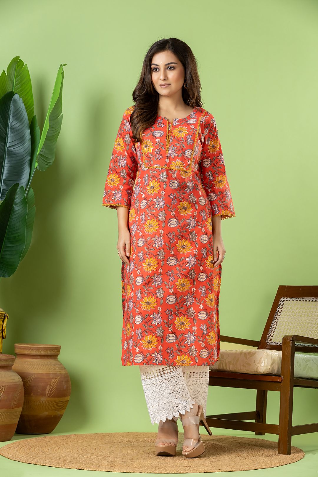 Reddish Orange Floral Print kurta