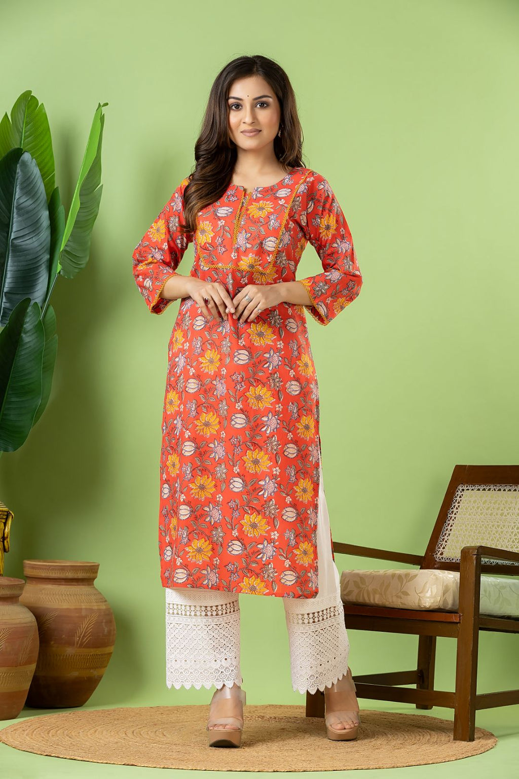 Reddish Orange Floral Print kurta