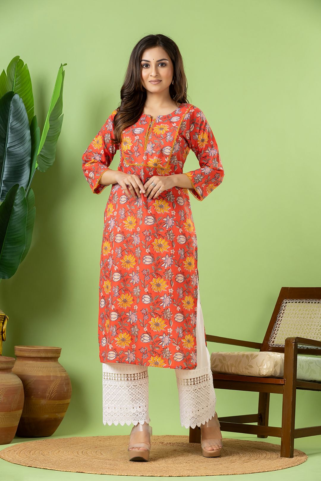 Reddish Orange Floral Print kurta