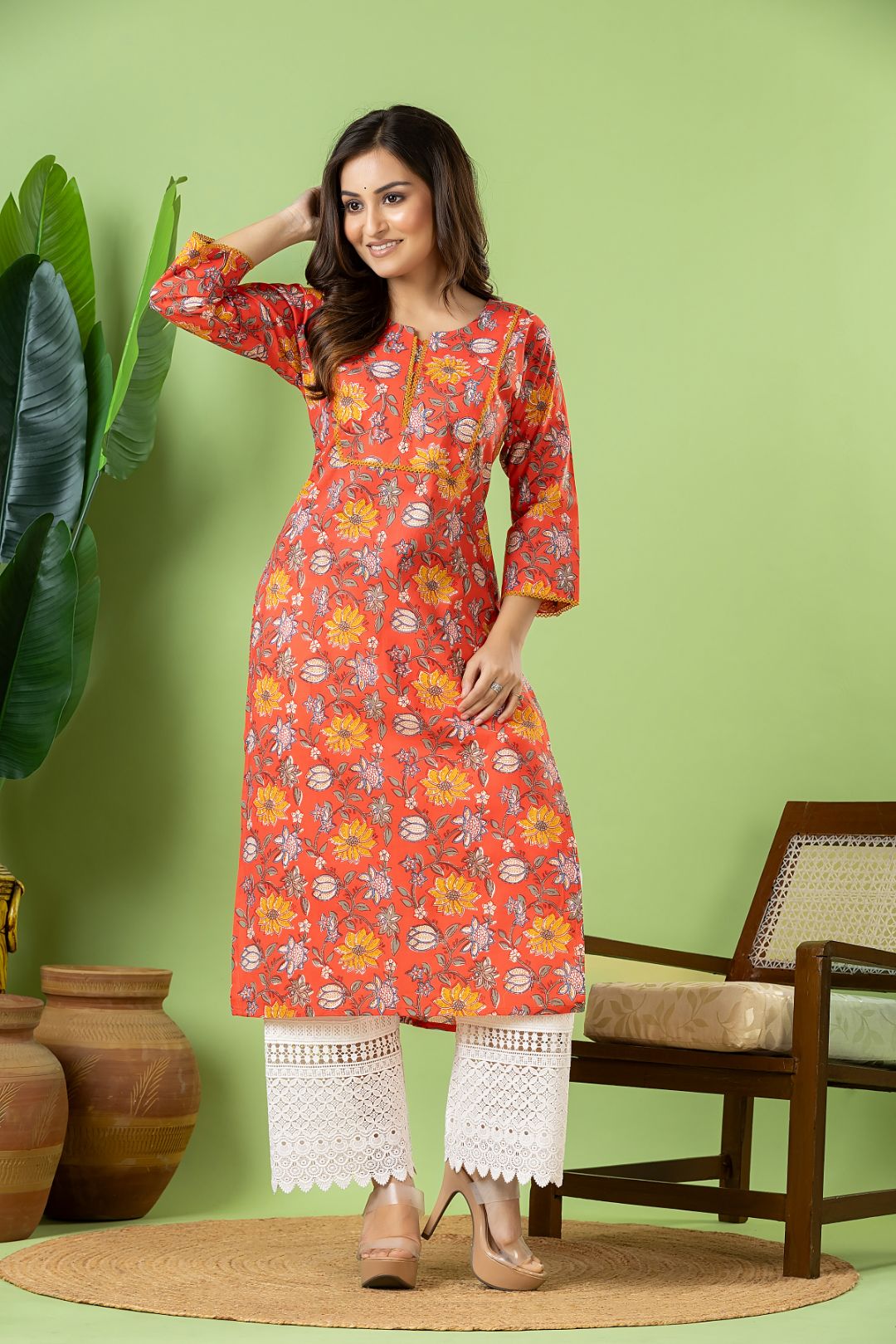Reddish Orange Floral Print kurta