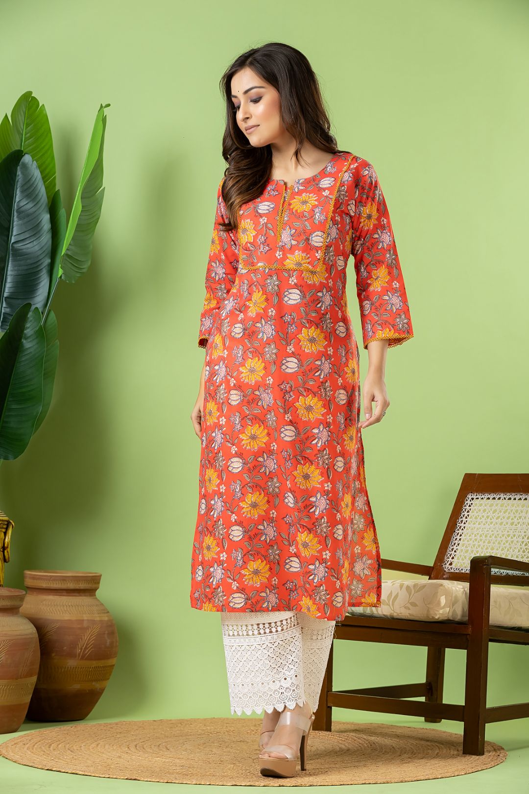 Reddish Orange Floral Print kurta