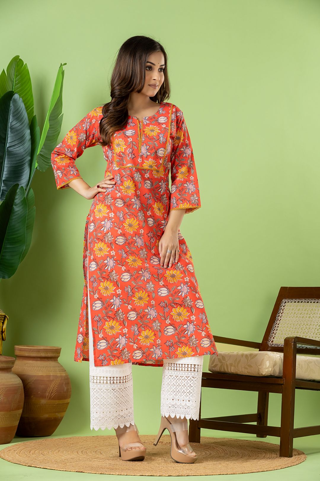 Reddish Orange Floral Print kurta