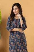 Teal Blue & Maroon Floral Print Threadwork Kurta