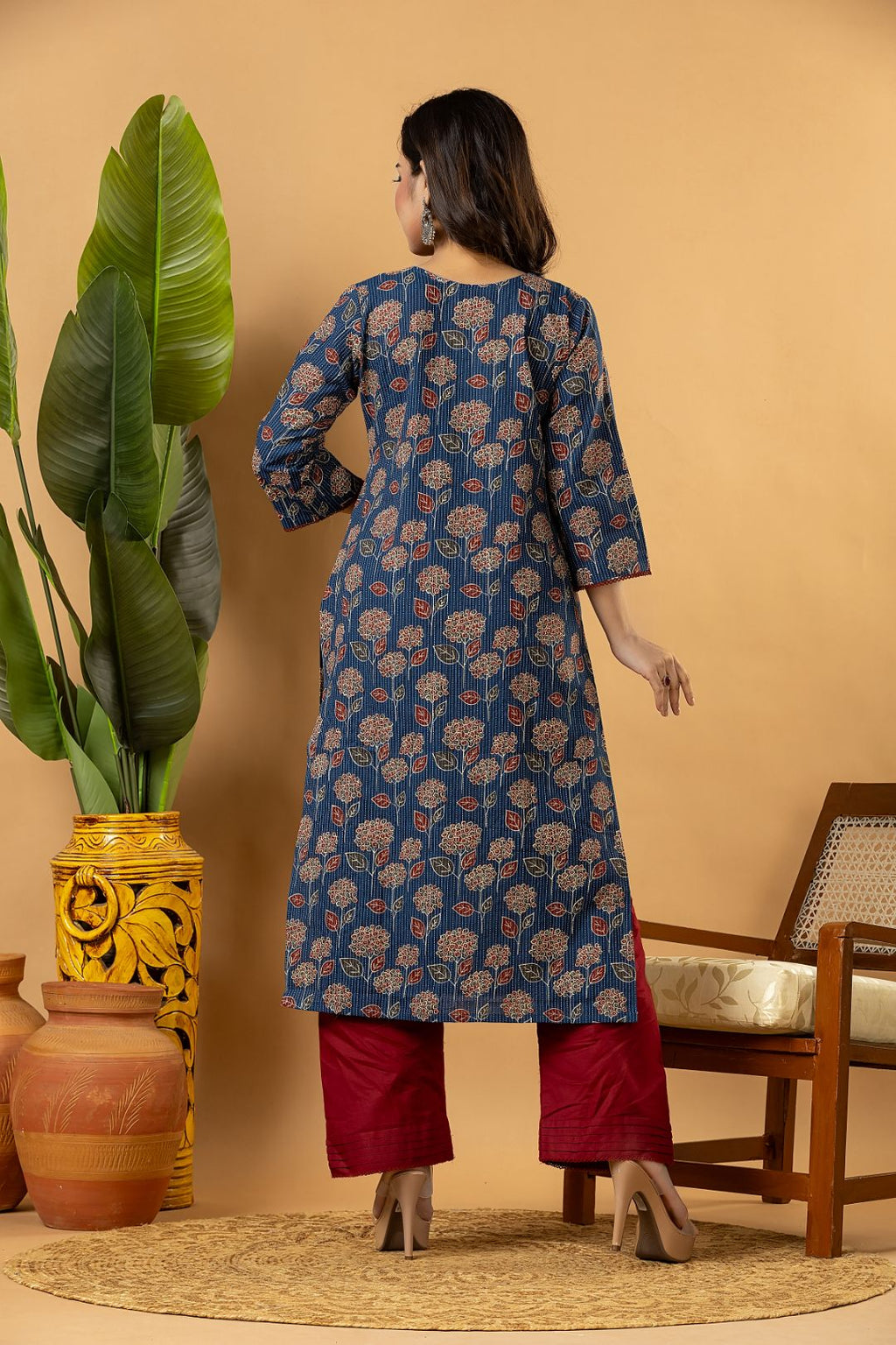 Teal Blue & Maroon Floral Print Threadwork Kurta