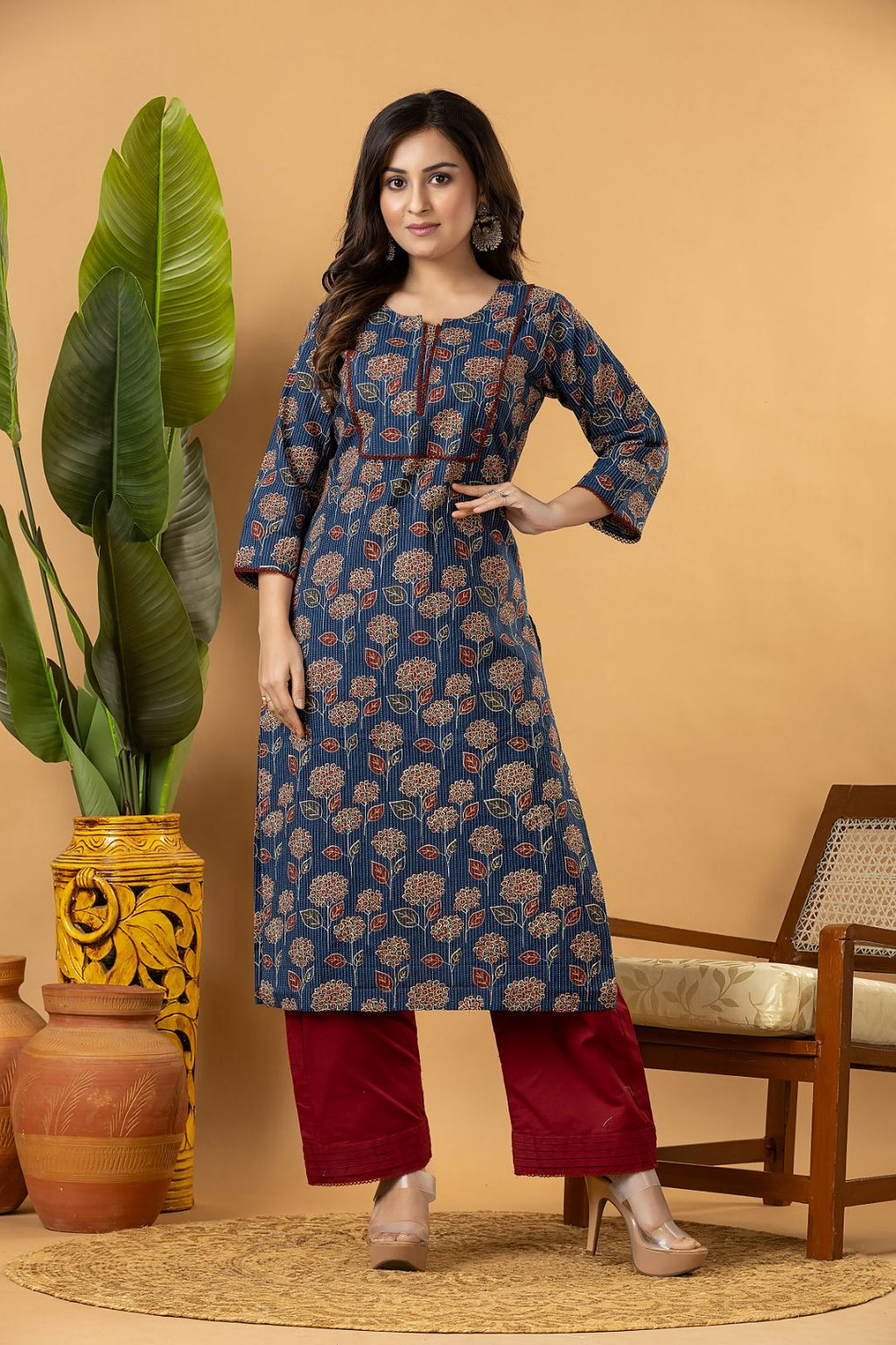Teal Blue & Maroon Floral Print Threadwork Kurta