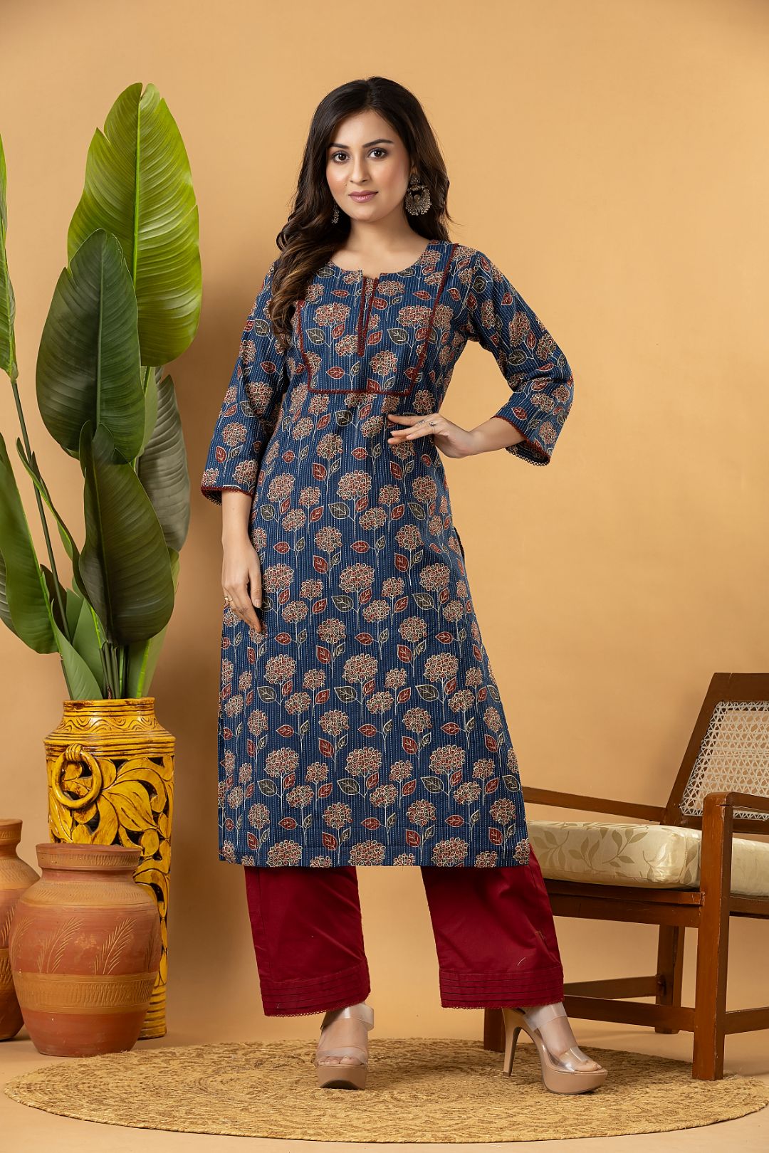 Teal Blue & Maroon Floral Print Threadwork Kurta