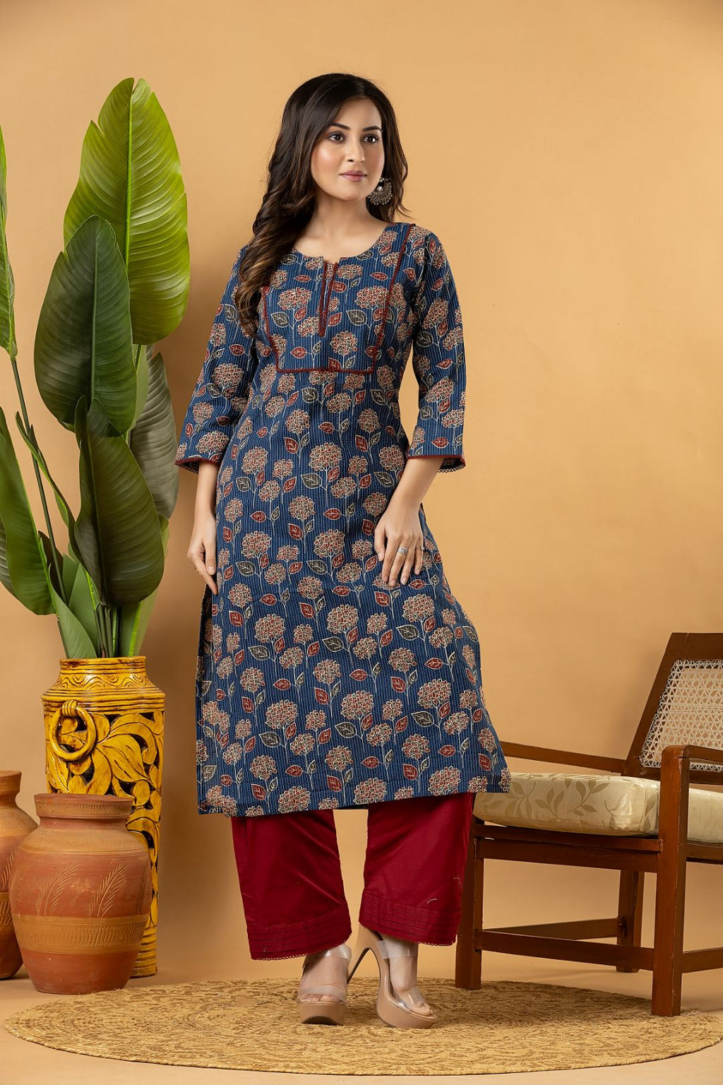 Teal Blue & Maroon Floral Print Threadwork Kurta